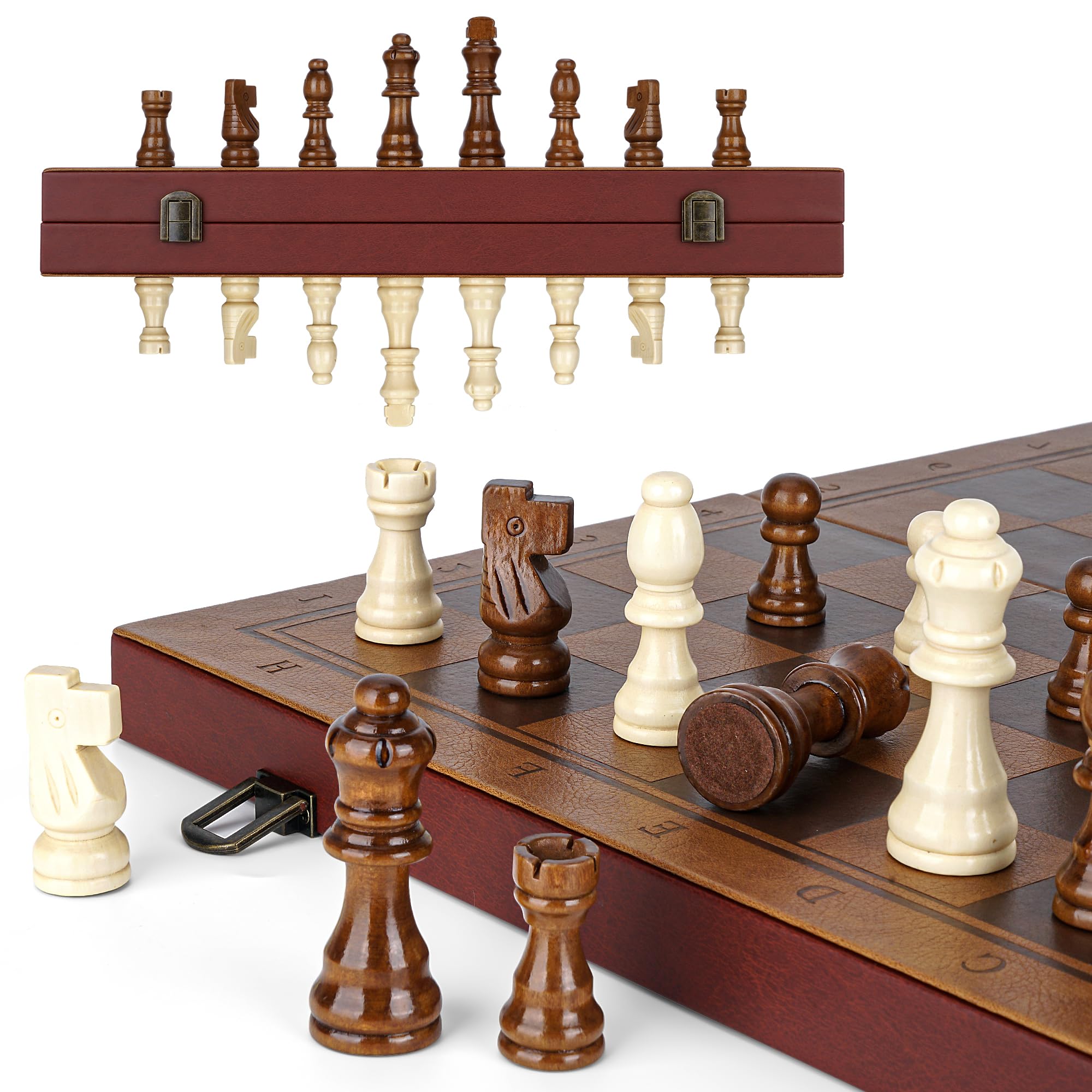 Aoibox - Magnetic Chess Set 1 Set 15.4 x 15.4 Inch Leather Chess Board with Handcrafted Walnut P...