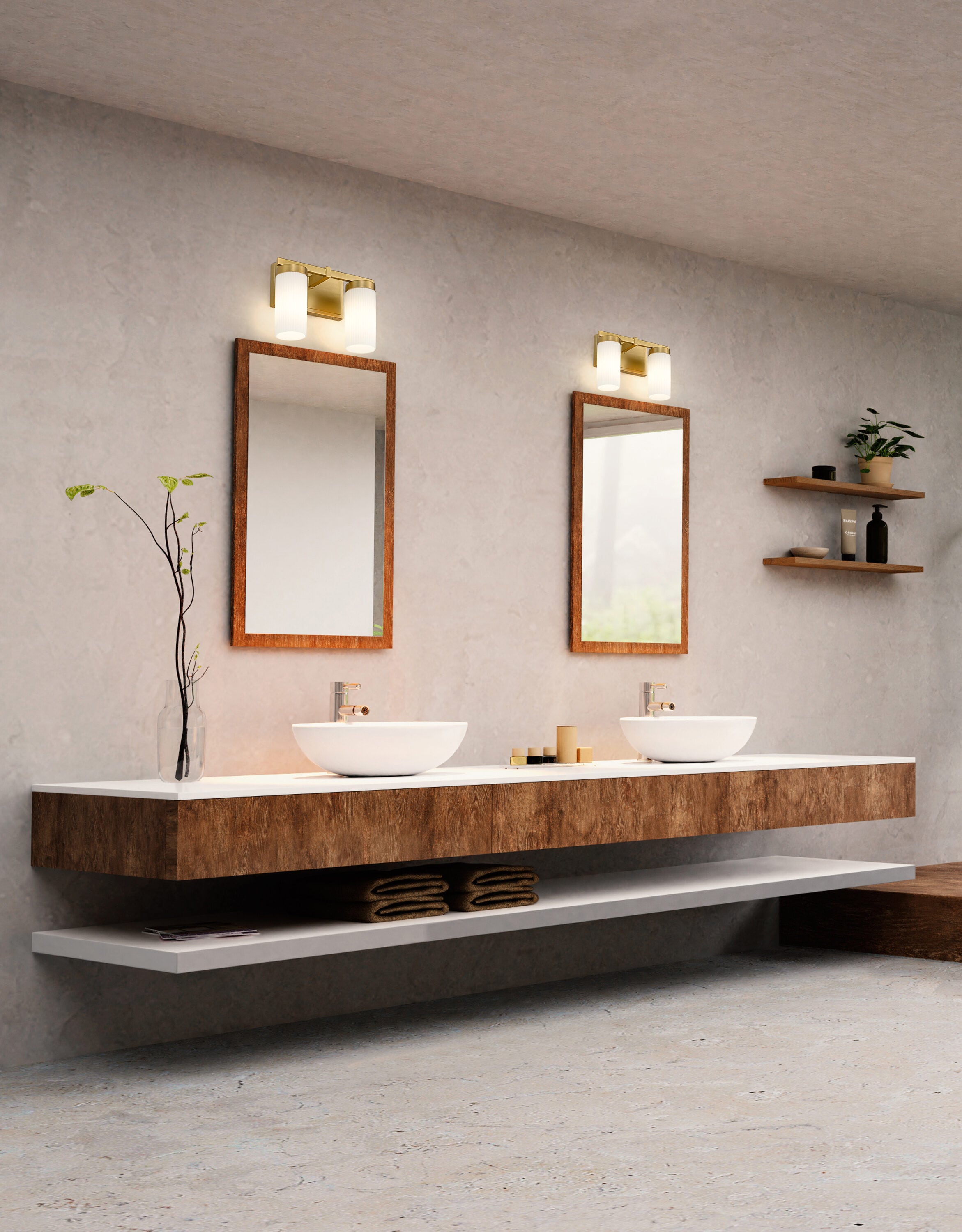 Modern Gold Vanity Light with Frosted White Glass Cylinders
