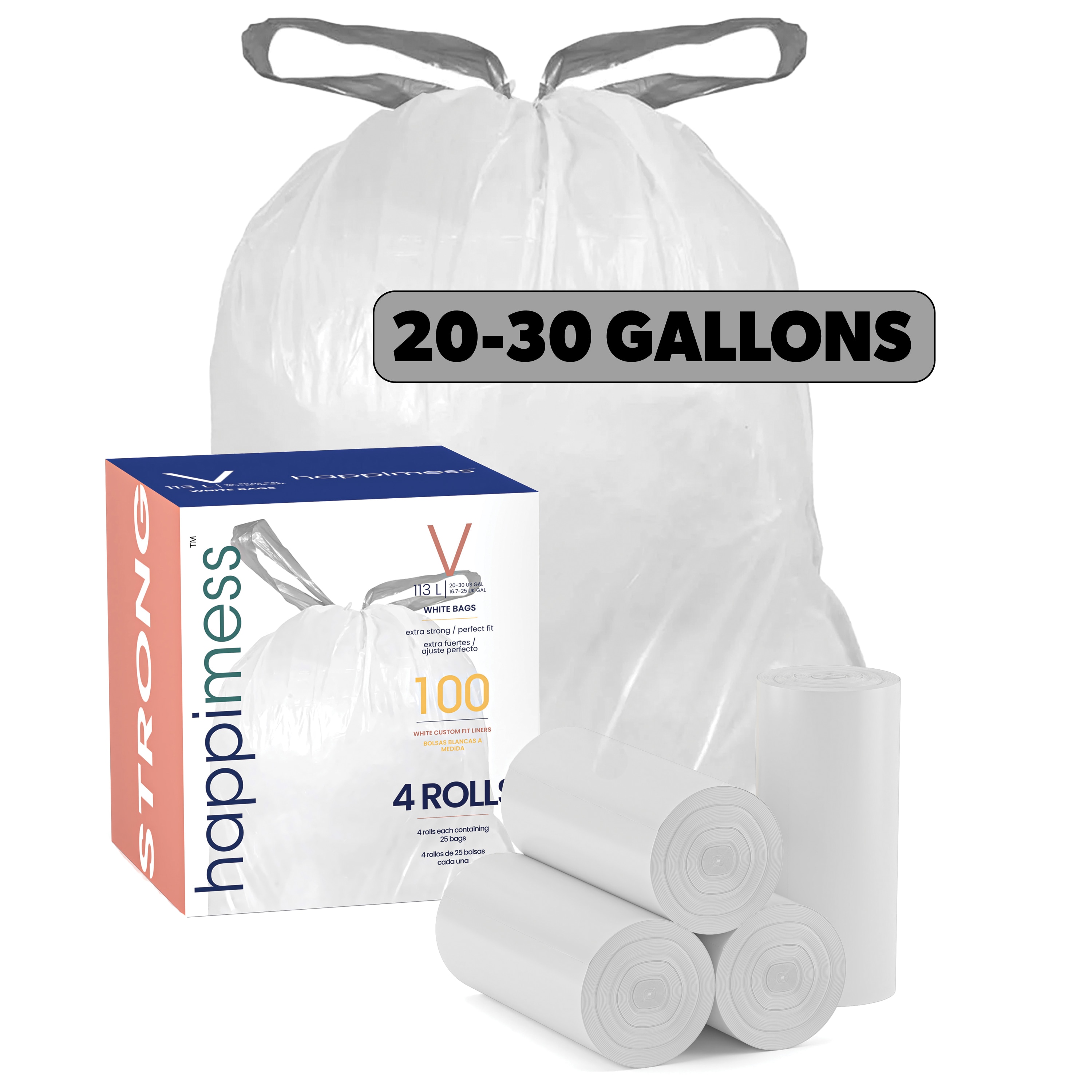 happimess HPM3000V-WHITE 30-Gallon Unscented White Indoor Plastic Can Drawstring Trash Bag 100 -Count