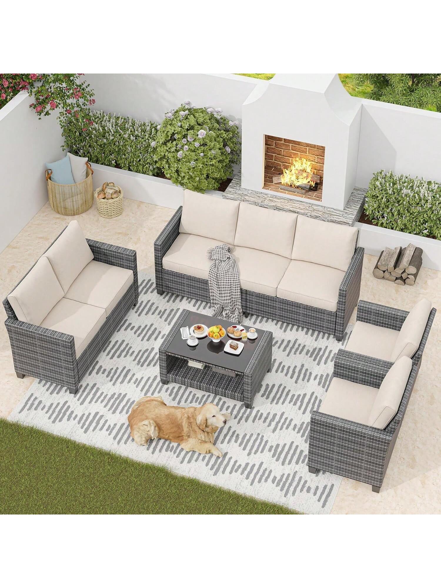 Qeetex PHO-12OC7BEN-HF4 5 Piece Outdoor Patio Furniture Sets. 7 Seat PE Rattan Furniture Sectional Sofa Set with Storage Table. Patio Conversation Sets with Water Repellent Cushions for Backyard. Deck. Poolside.grey