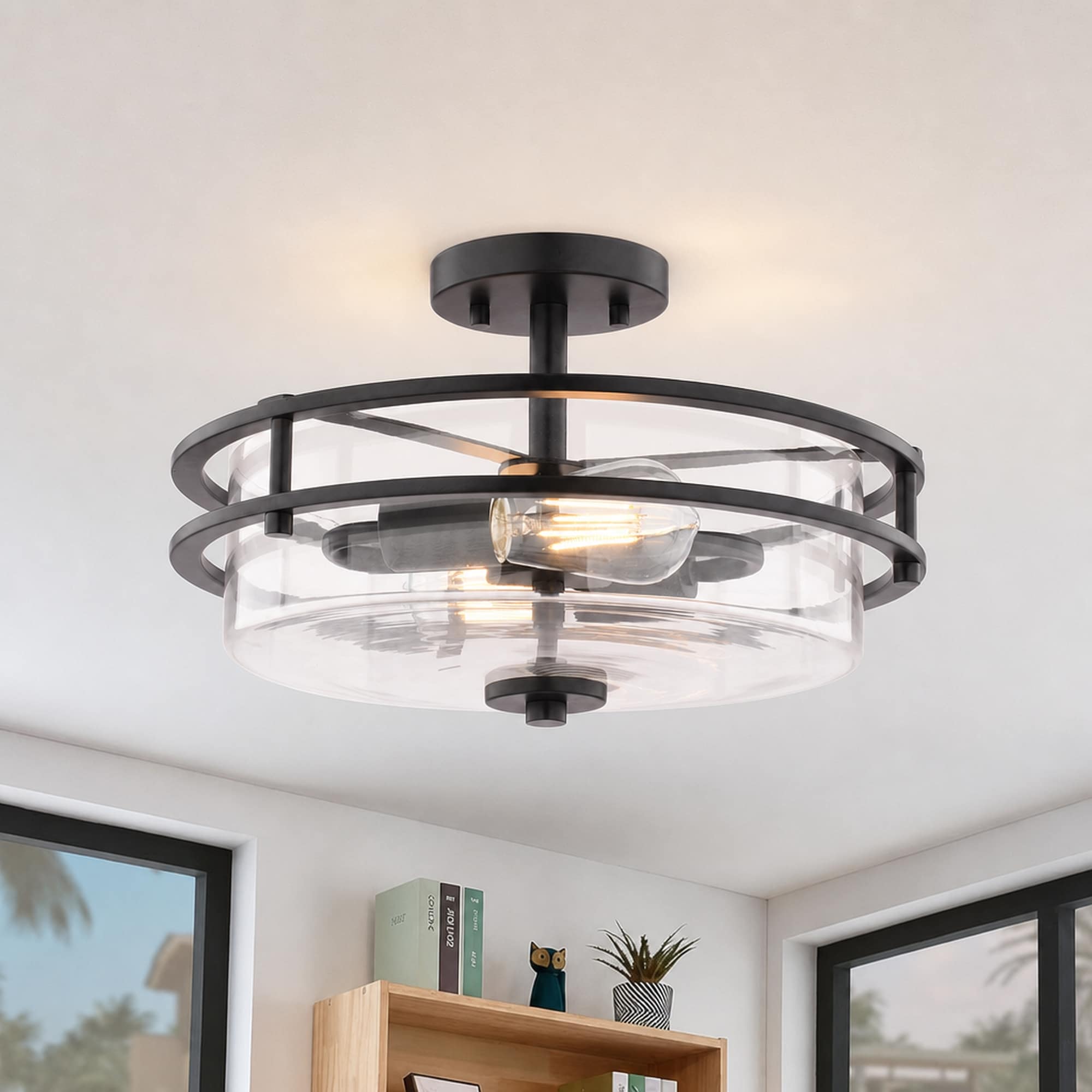 Cascadia Grace 2-Light Matte Black Contemporary Round Semi-Flush Mount Ceiling Light with Clear Glass LED Compatible 14.75 in. Wide
