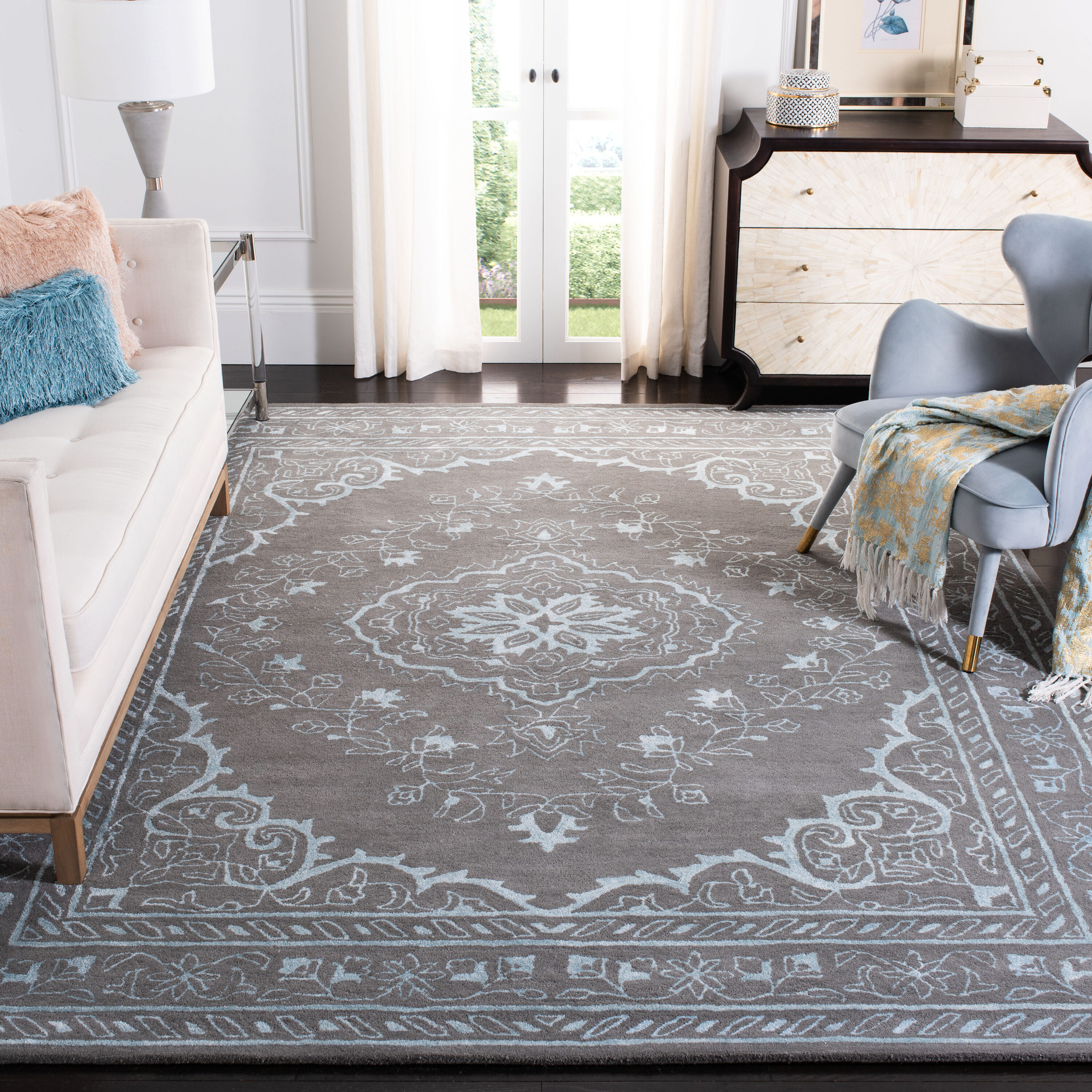 Safavieh GLM533D-8 Glamour Juno 8 x 10 (ft) Tufted Synthetic Dark Gray Rectangular Indoor Floral/Botanical Vintage Area rug