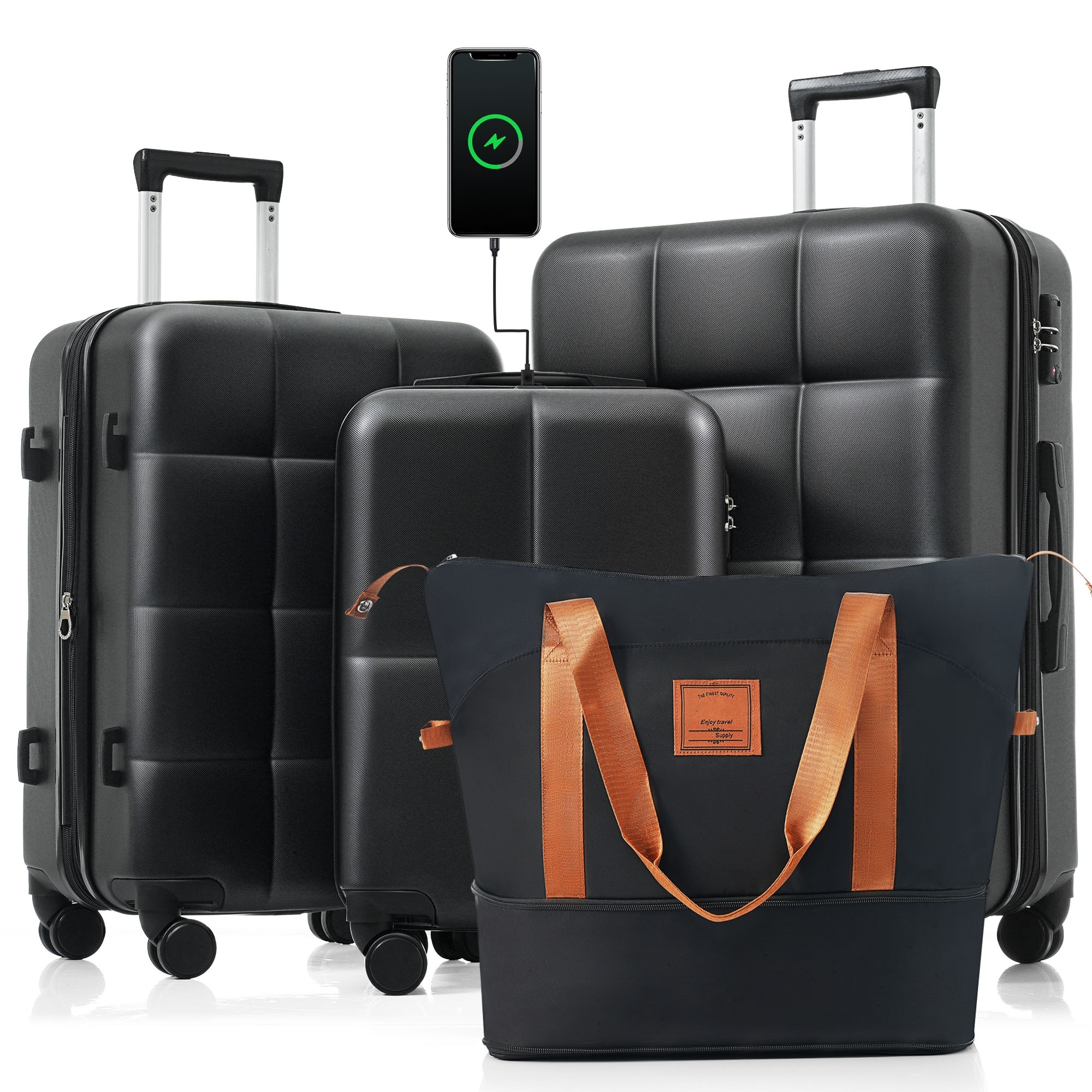 LUXEYARD Luggage Sets 4 Piece 20-inch with USB Port Expandable ABS Durable Suitcase with Travel Bag  Cup Holder ABS Hard Shell Luggage with Spinner Wheels black and brown