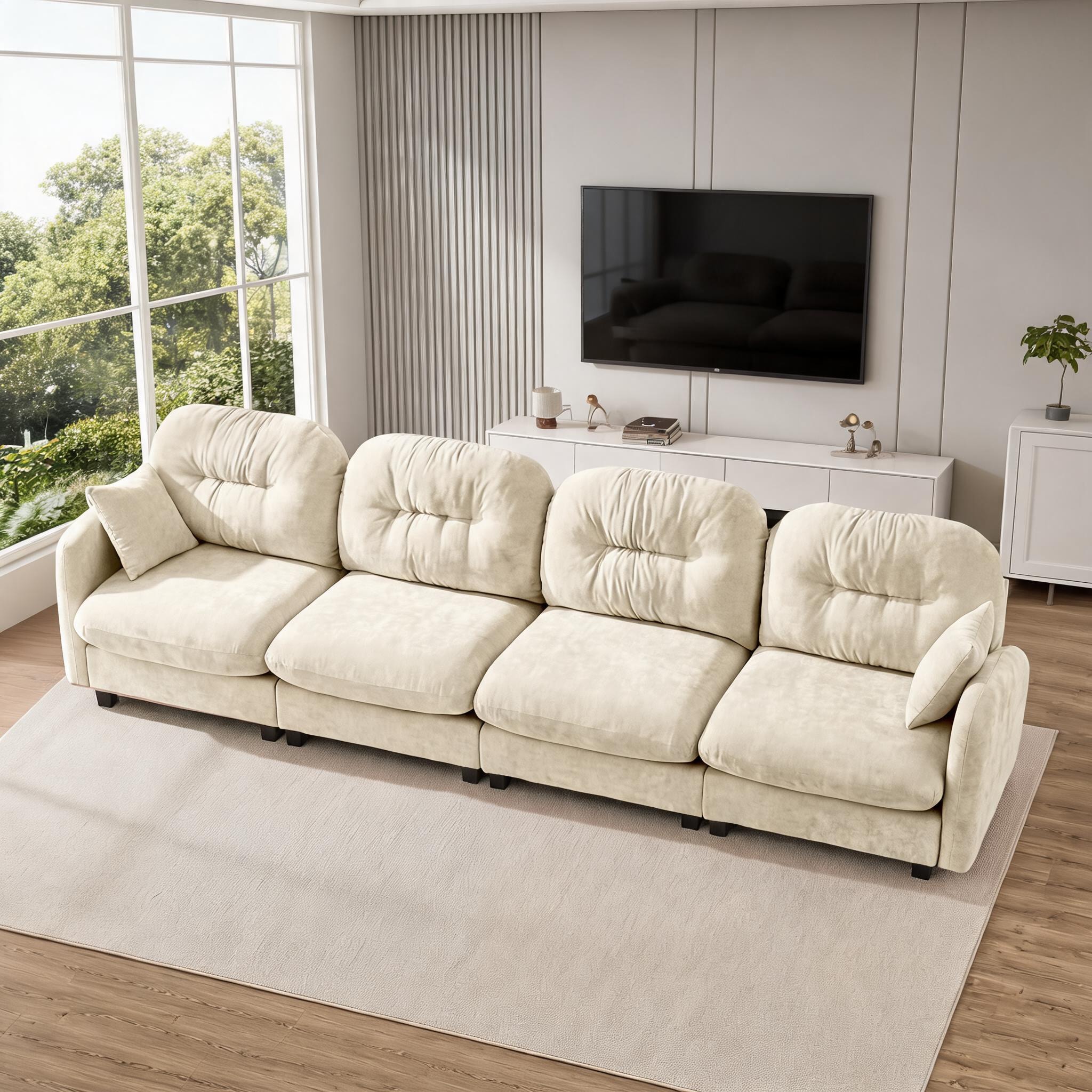 SunJet Modular four-seat sectional couch in warm beige chenille with ...
