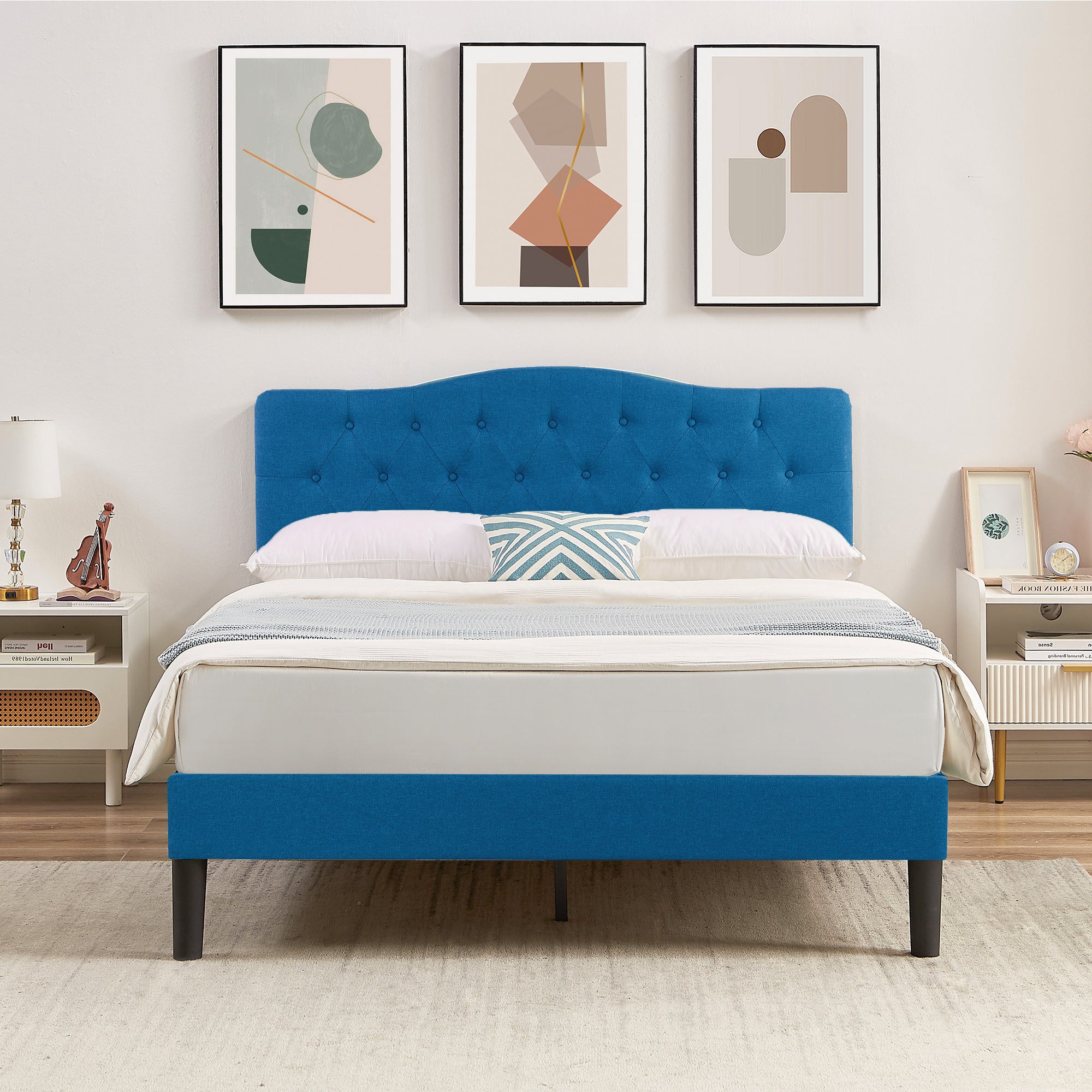 Vecelo LOE-BTJ-RF04-BLU Full Size Bed Frame Upholstered Platform with Adjustable Headboard Easy Assembly Blue