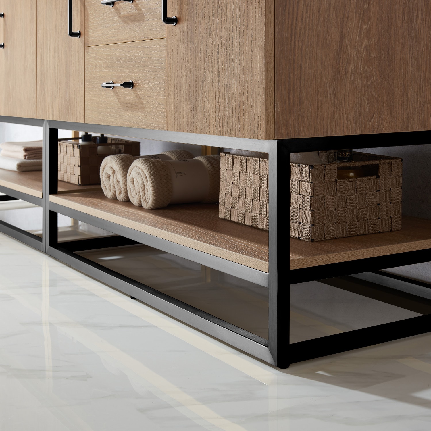 84 Inch Oak Double Vanity with White Stone Top and Matte Black Frame
