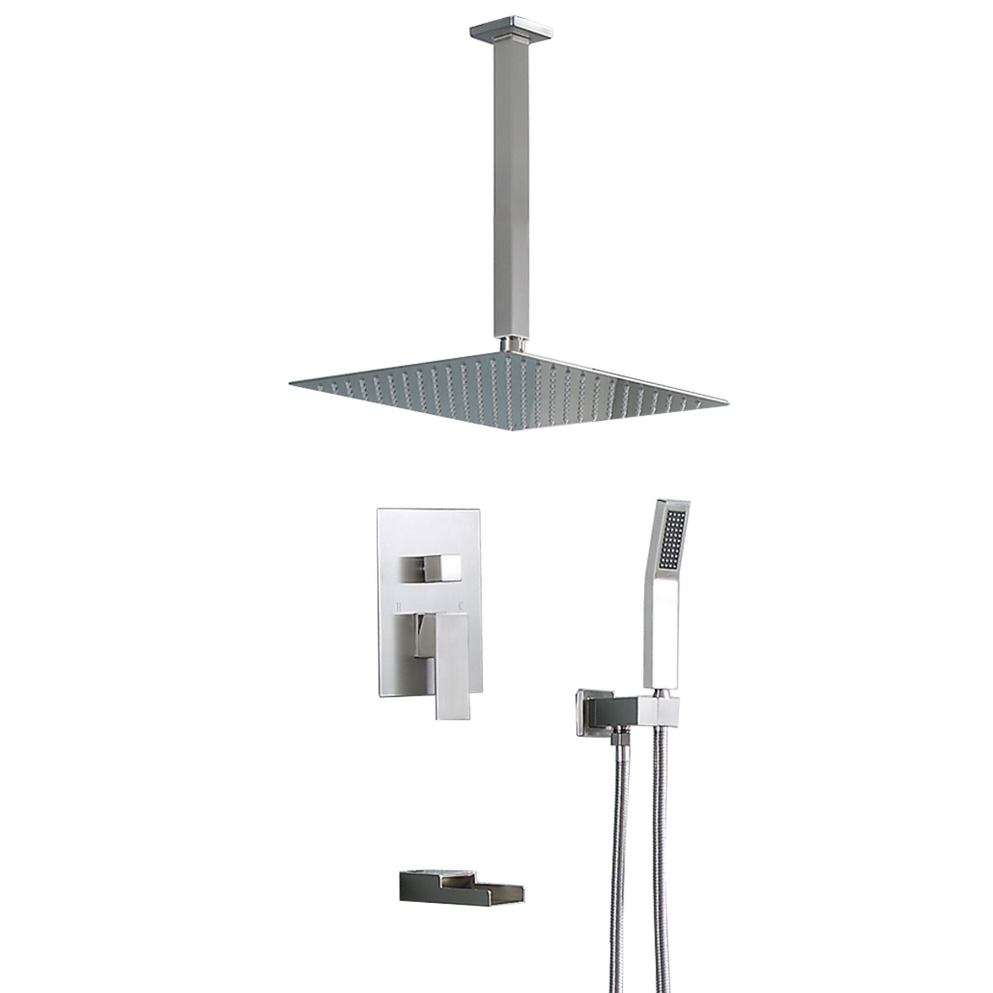 Clihome CL-020SS-SL Brushed Nickel Dual Head Waterfall Built-In Shower Faucet System with 3-way Diverter Pressure-balanced Valve Included