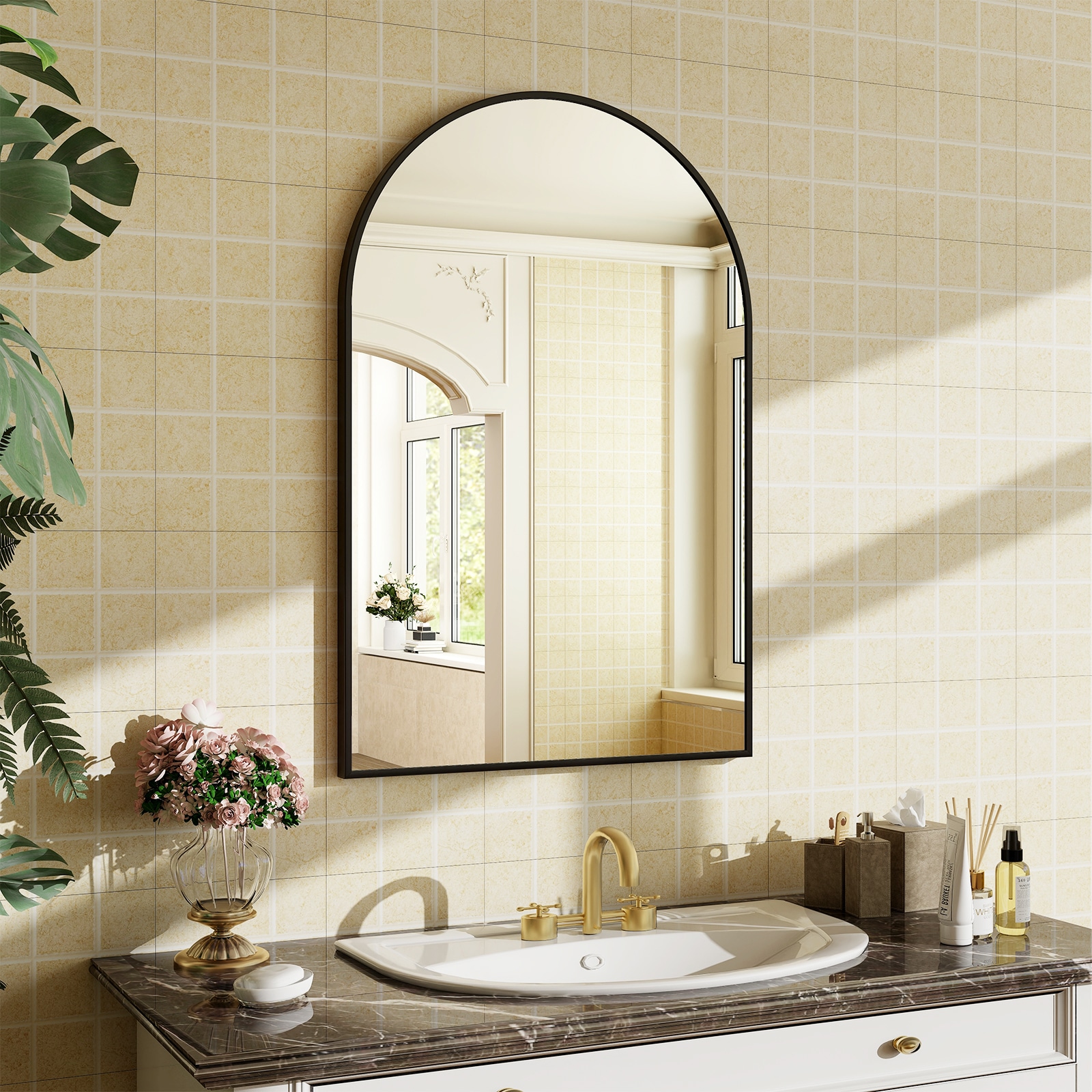 BEAUTYPEAK YH2638B 26-Inches W x 38.0-Inches H Arch Black Framed Wall Mirror