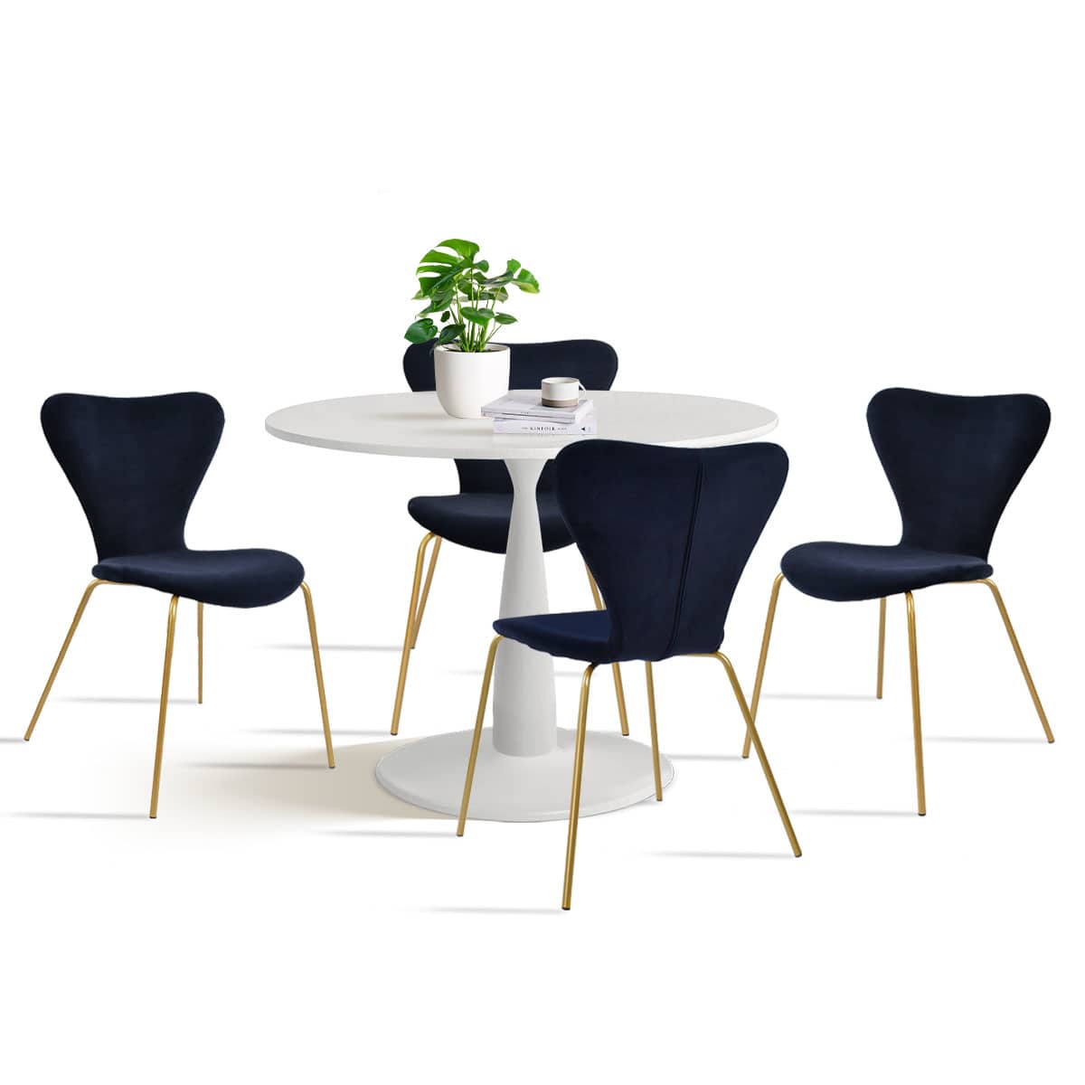 Maison Boucle HAVENWH+FLAVIA-BLU-4 White Round Dining Table Set for 4 with Blue Velvet Upholstered Chairs and Gold Legs for Dining Room
