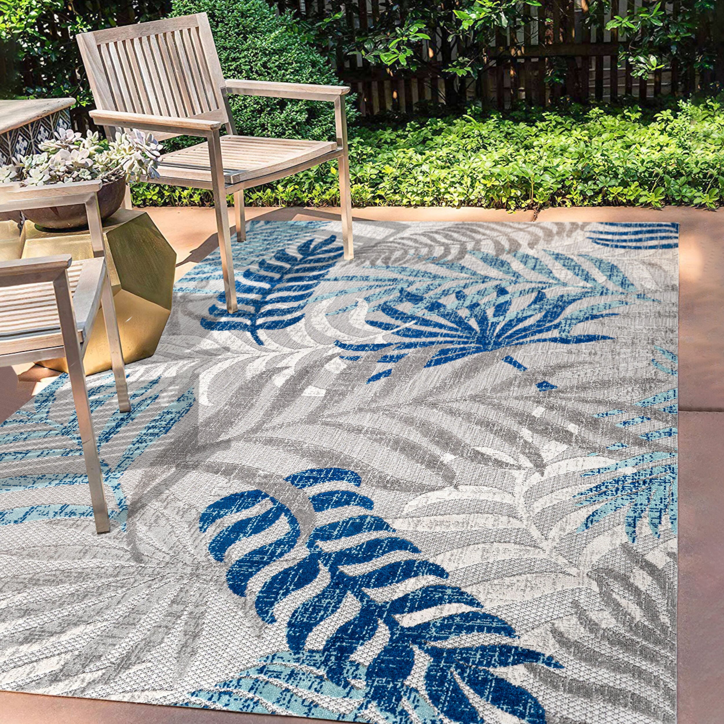 Gray and Blue Synthetic Palm Leaves 3' x 5' Area Rug