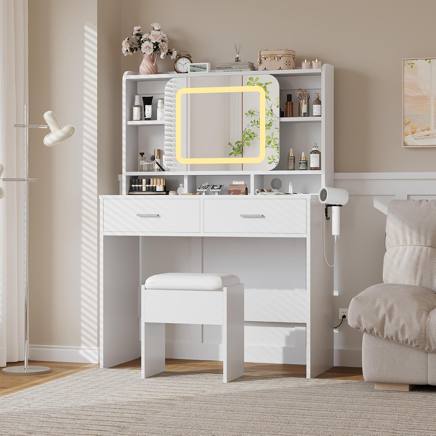 Qeetex LHF-SZT-PHO-339K84HD Vanity Desk with Sliding Mirror - Makeup Desk and Stool with Lights in 3 Colors - Girls Vanity Table with Charging Station - 2 Drawers and Storage Shelves for Bedroom - White