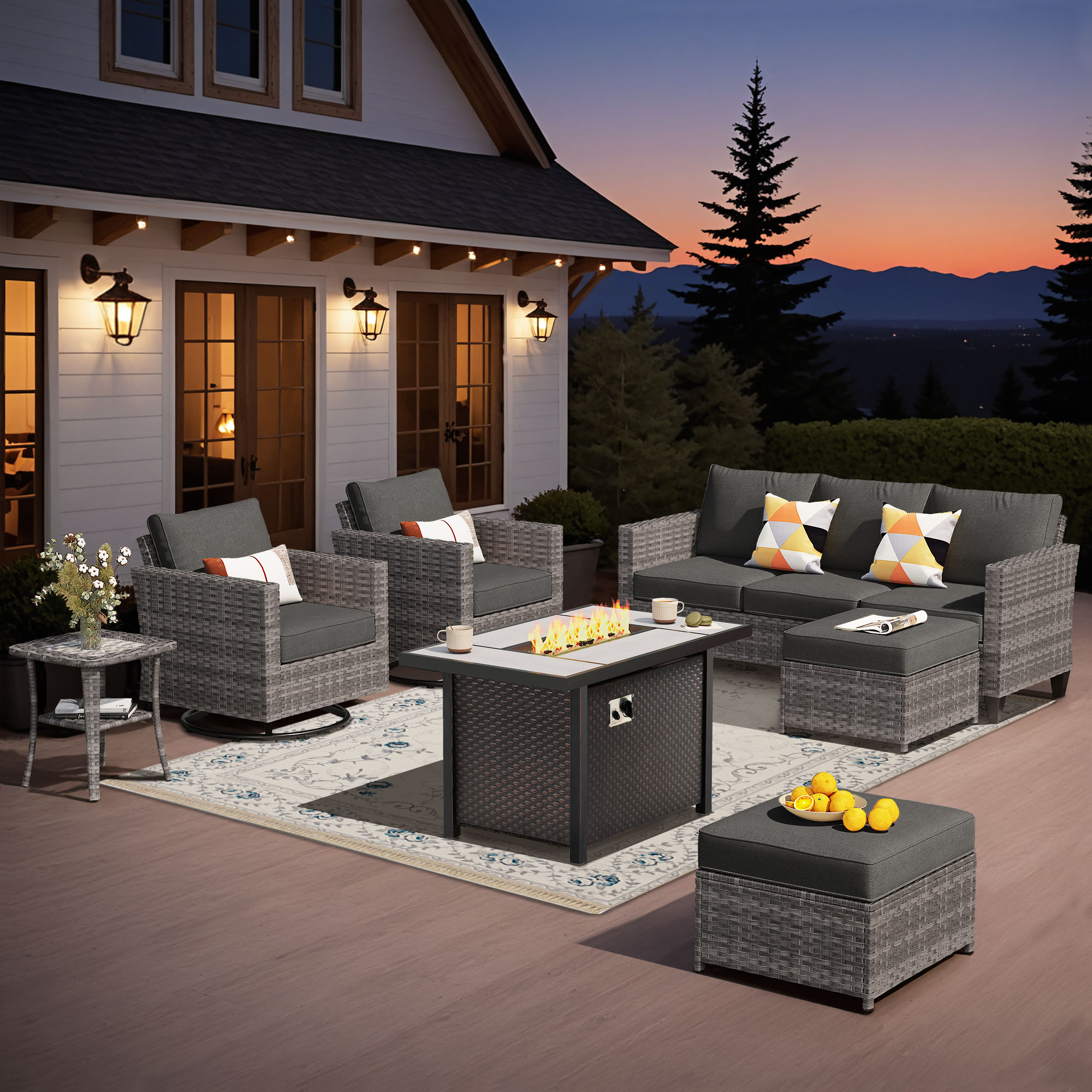 Pouuin STFP-YZGRS107 7 -Piece Wicker Patio Sofa Conversation Set with Black Cushions