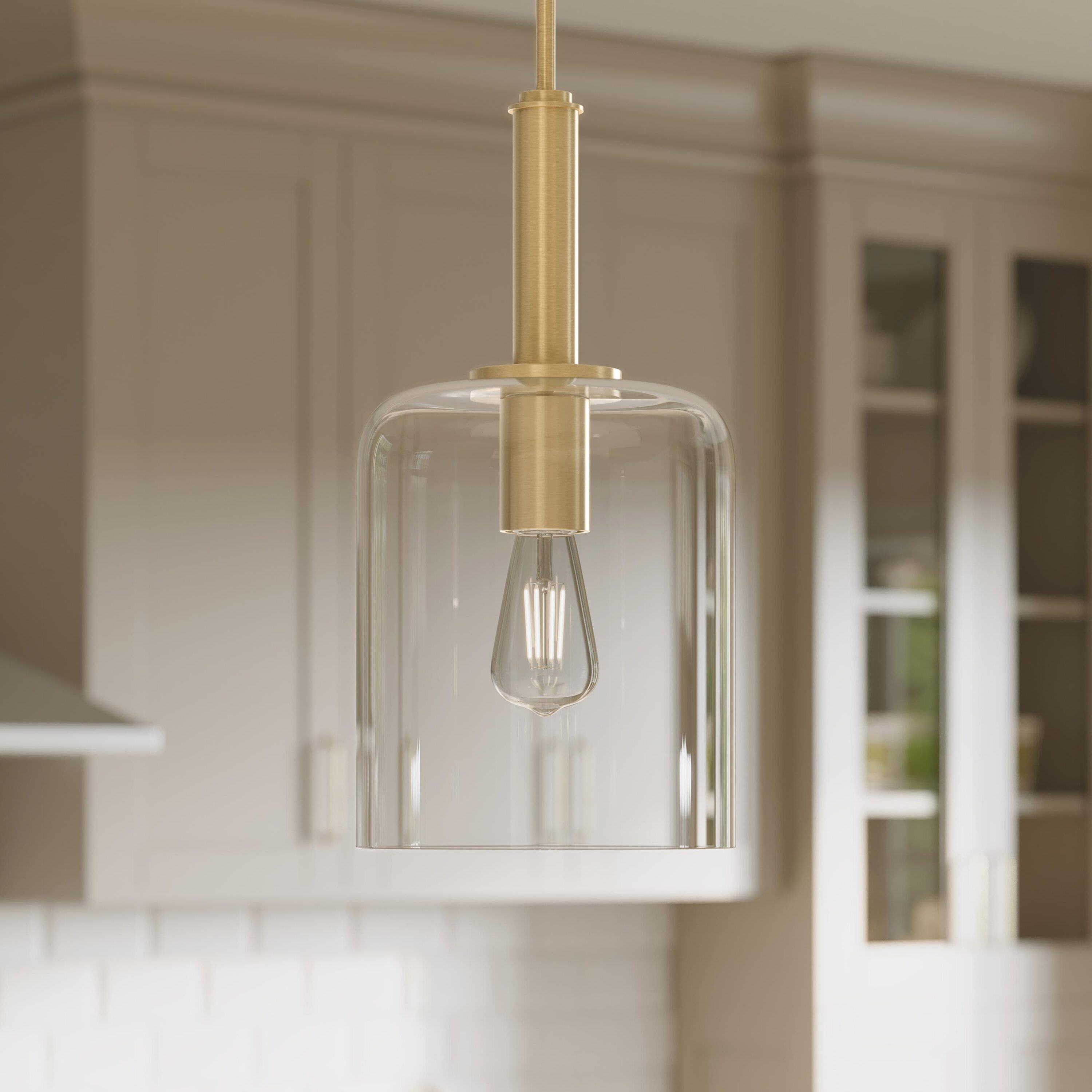 Progress Lighting Reines 1 -Light Brushed Gold Transitional Clear glass Dome Mini Hanging Pendant Light