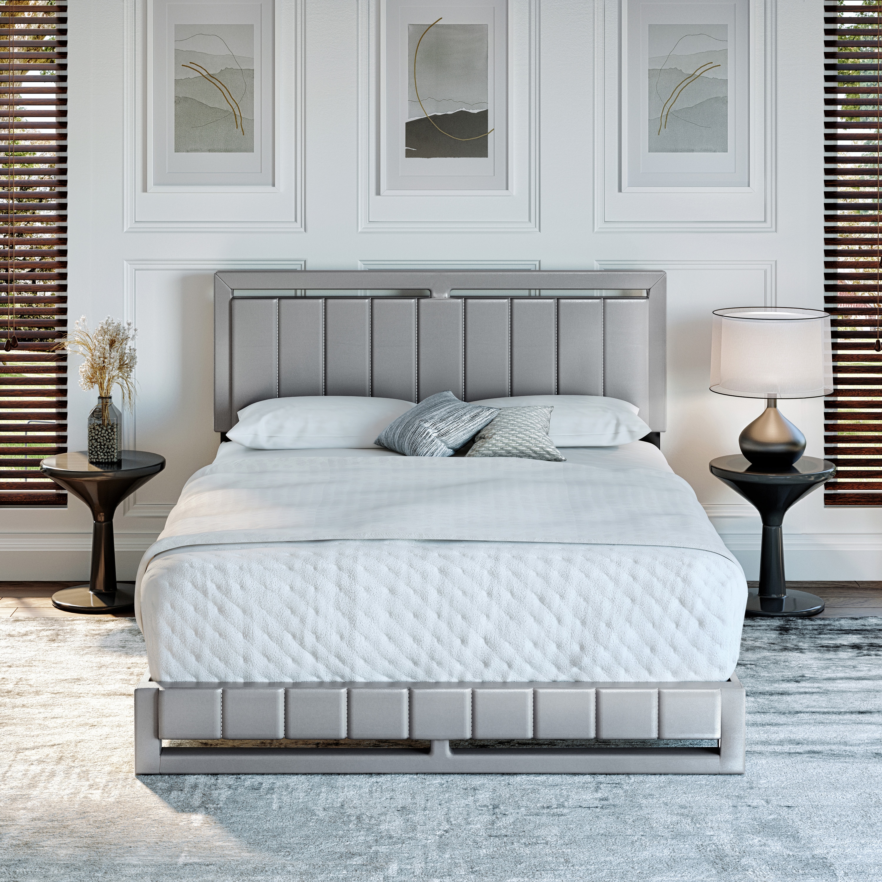 Boyd Sleep HC201603401 Beaumont Leatherette Upholstered Platform Bed Frame with Headboard- Mattress Foundation with 14 Slat Sturdy Wood Support System- No Box Spring Required