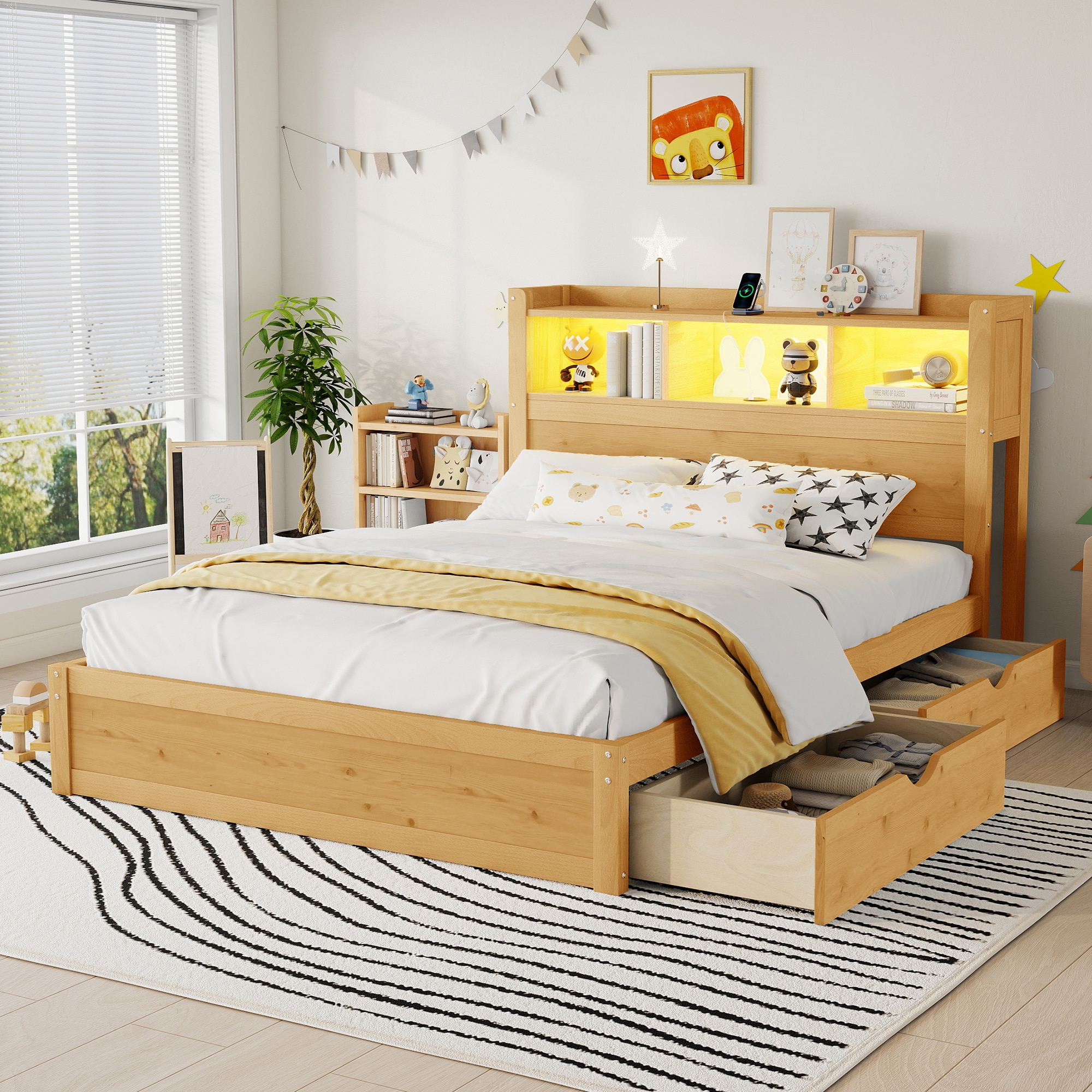 KTMBDW - Full Size Bed with Storage Headboard and 2 Drawers -Wood Platform Bed Frame with Pull-Ou...
