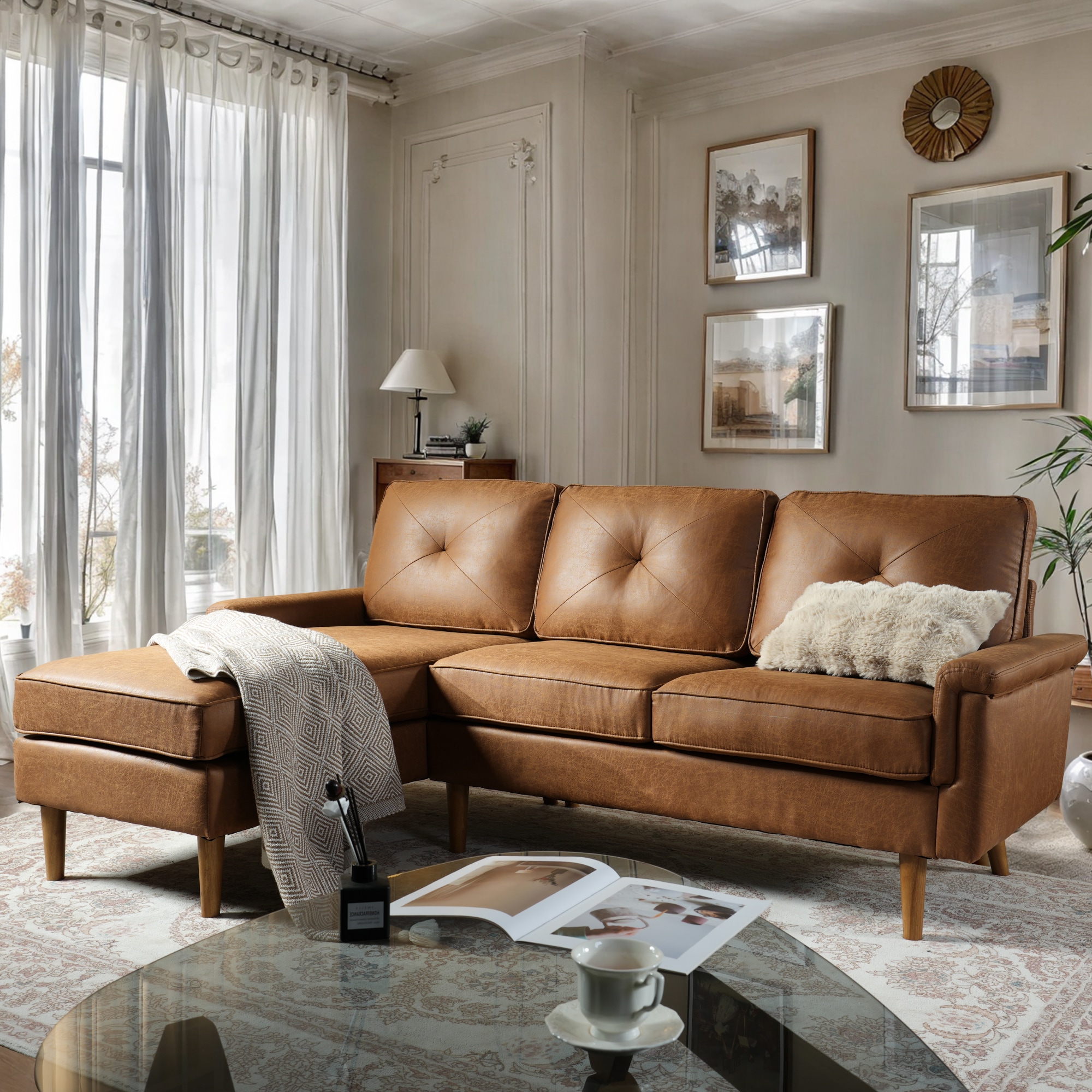 Caodoc L5-NOPL700-4 87-in Modern Light Brown L-Shape sofa for Livingroom Suede Reclining Sofa