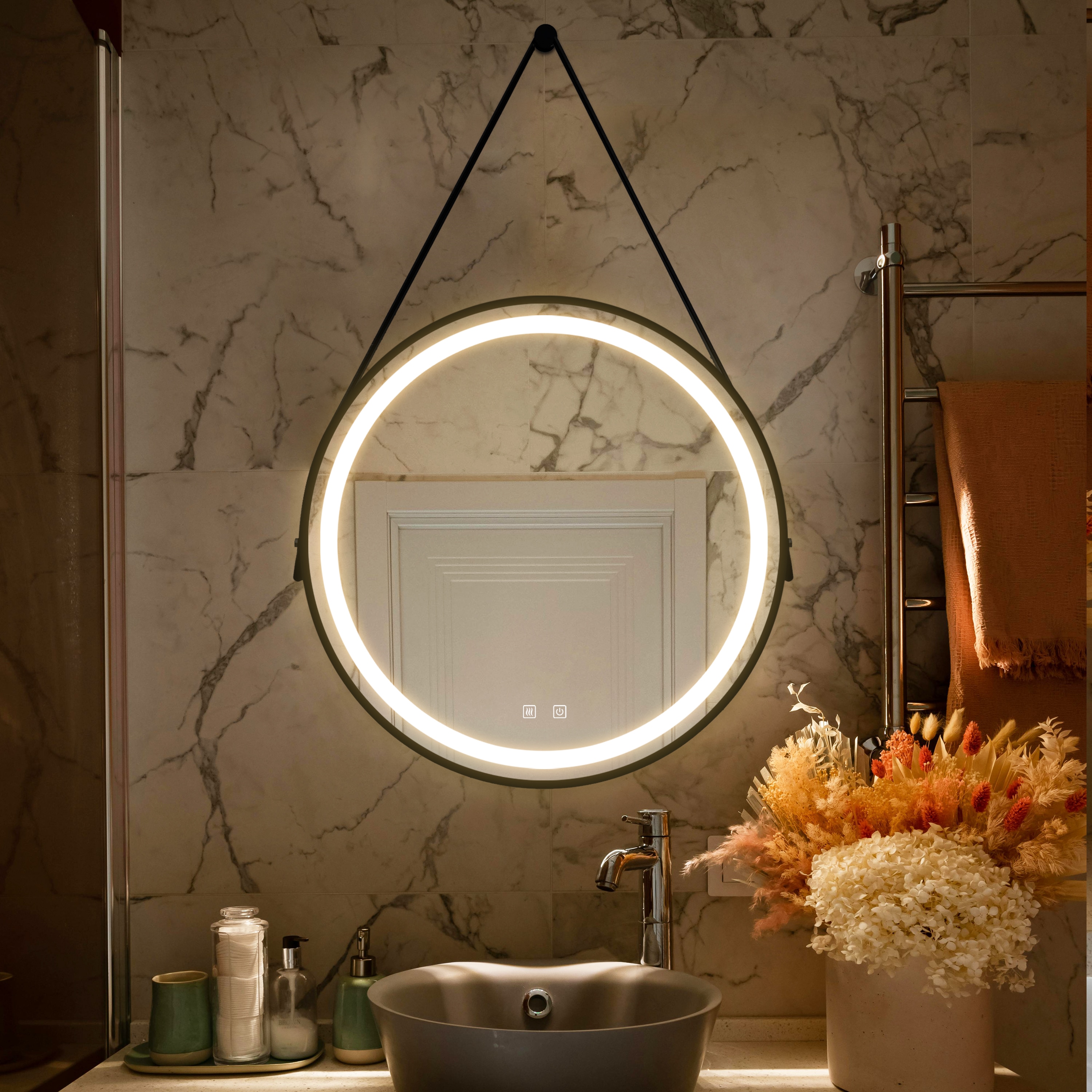 Ayelon 32-in x 32-in Framed Round Dimmable LED Lighted Fog Free Bathroom Vanity Mirror ( Black )