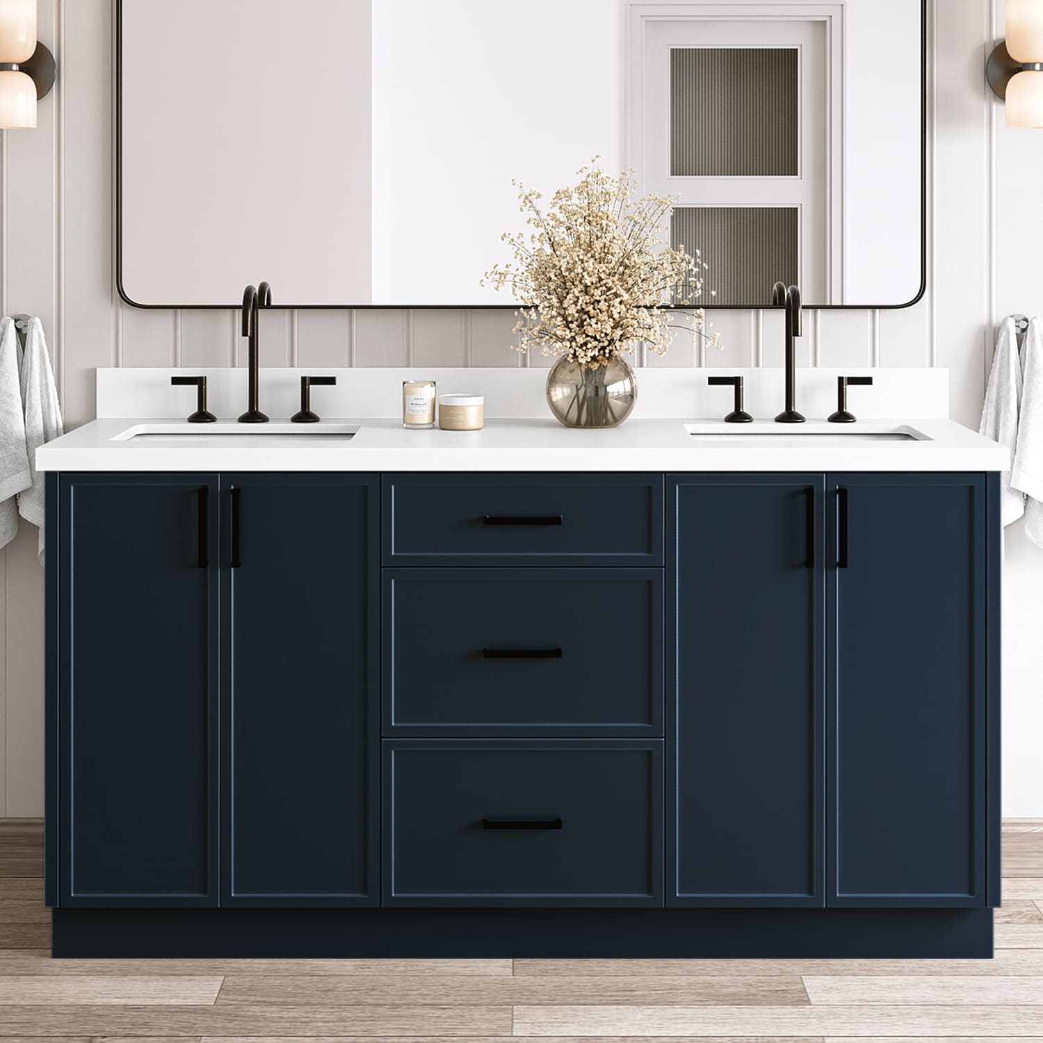 ARIEL - Kelly 66-in Midnight Blue Undermount Double Sink Bathroom Vanity with Pure White Quartz Q...