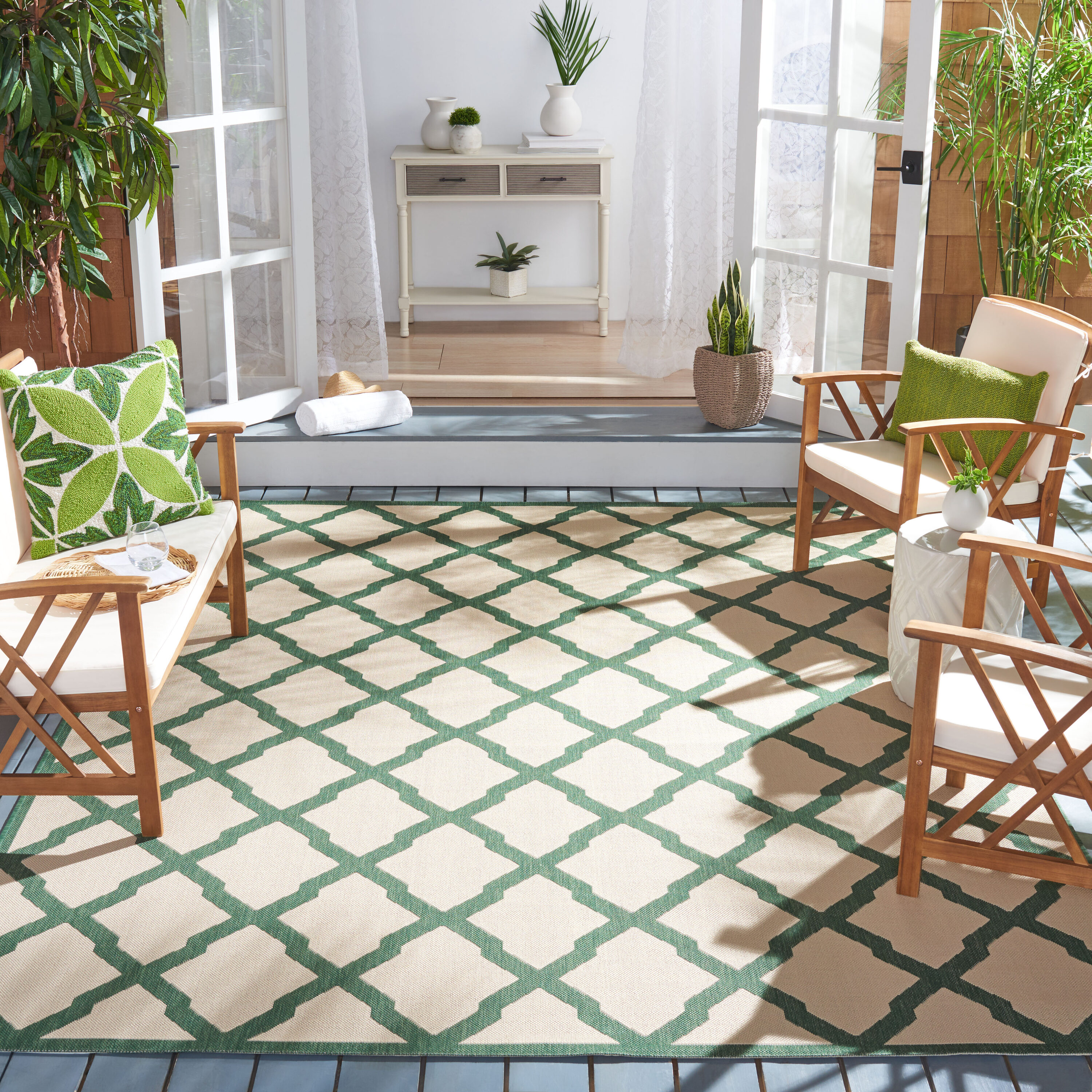 Beach House 122W Cream Green 9ft x 12ft Large Rectangle Rug