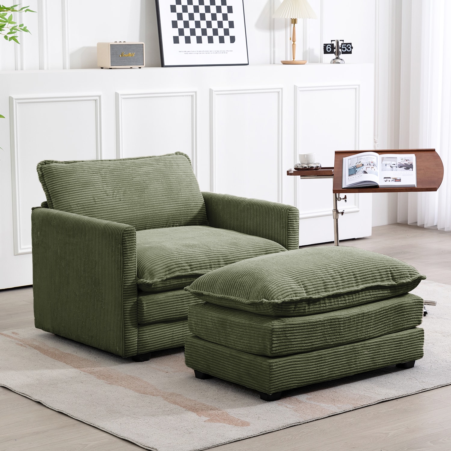 JEAREY Modern Avocado Green Corduroy Accent Armchair with Ottoman for Living