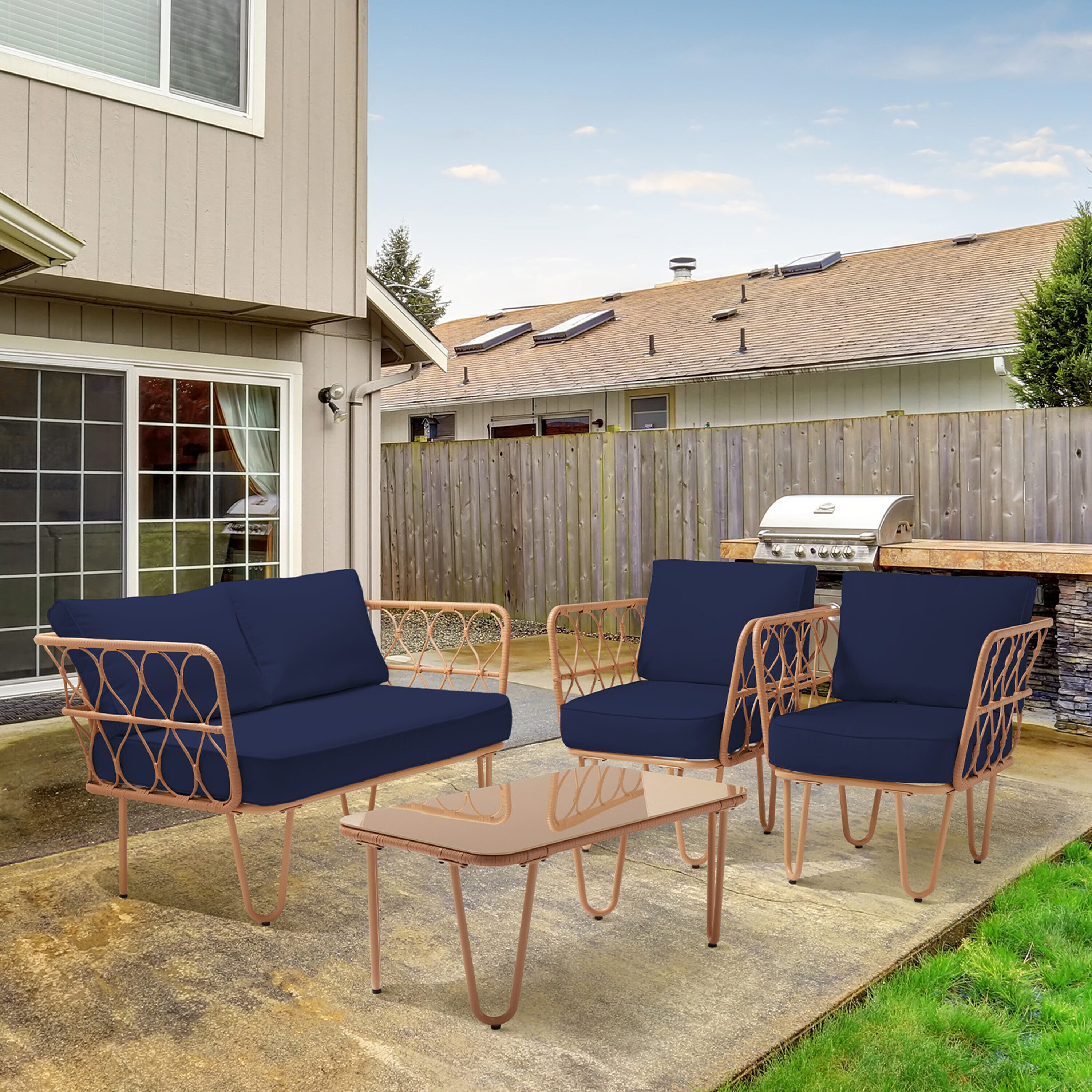JEAREY TBLH04-NAVY 4 -Piece Rattan Patio Conversation Set with Blue Cushions