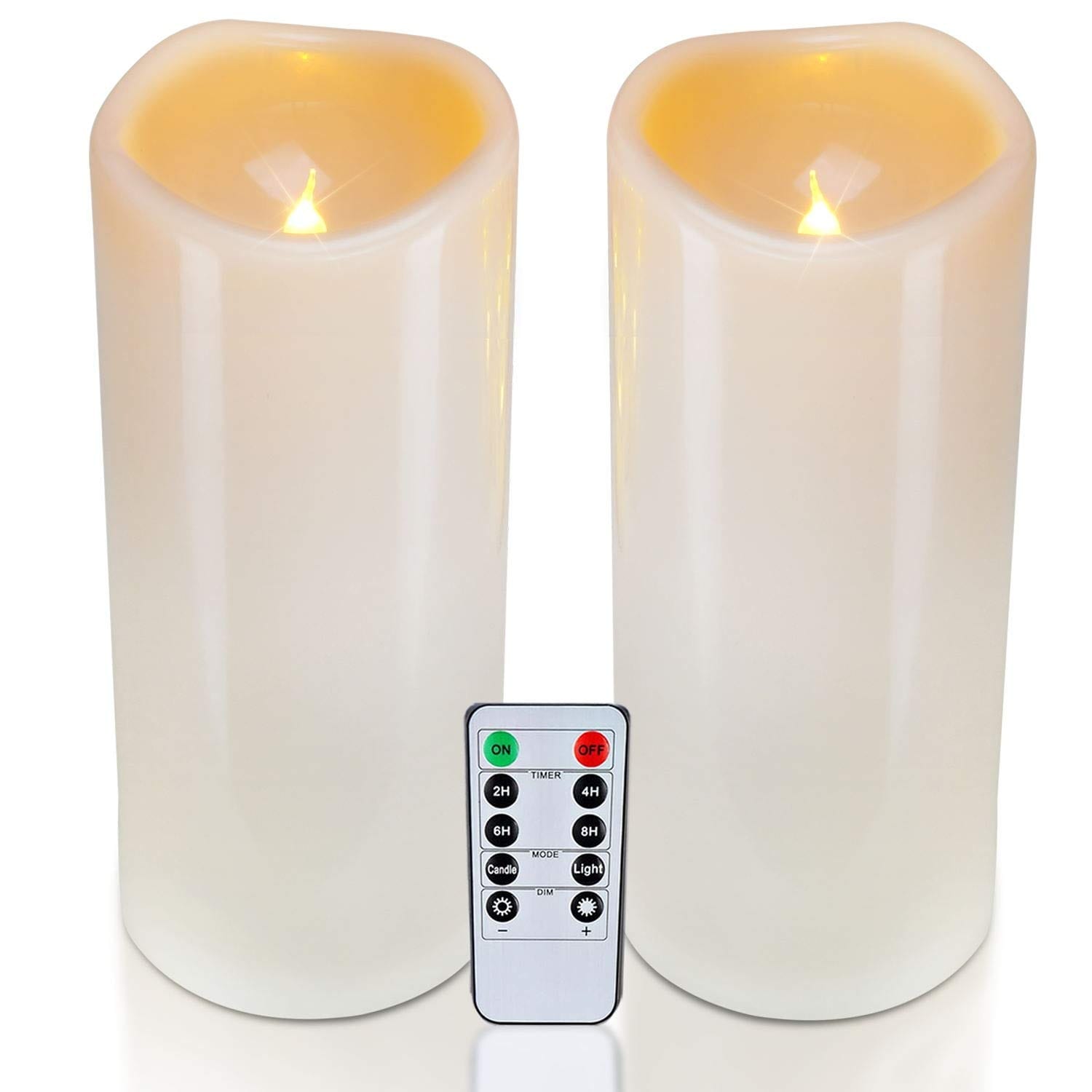 Phewnyzo  Large Waterproof Outdoor Flameless LED Pillar Candles with Remote Timer Dark Ivory Set of 2 pcs