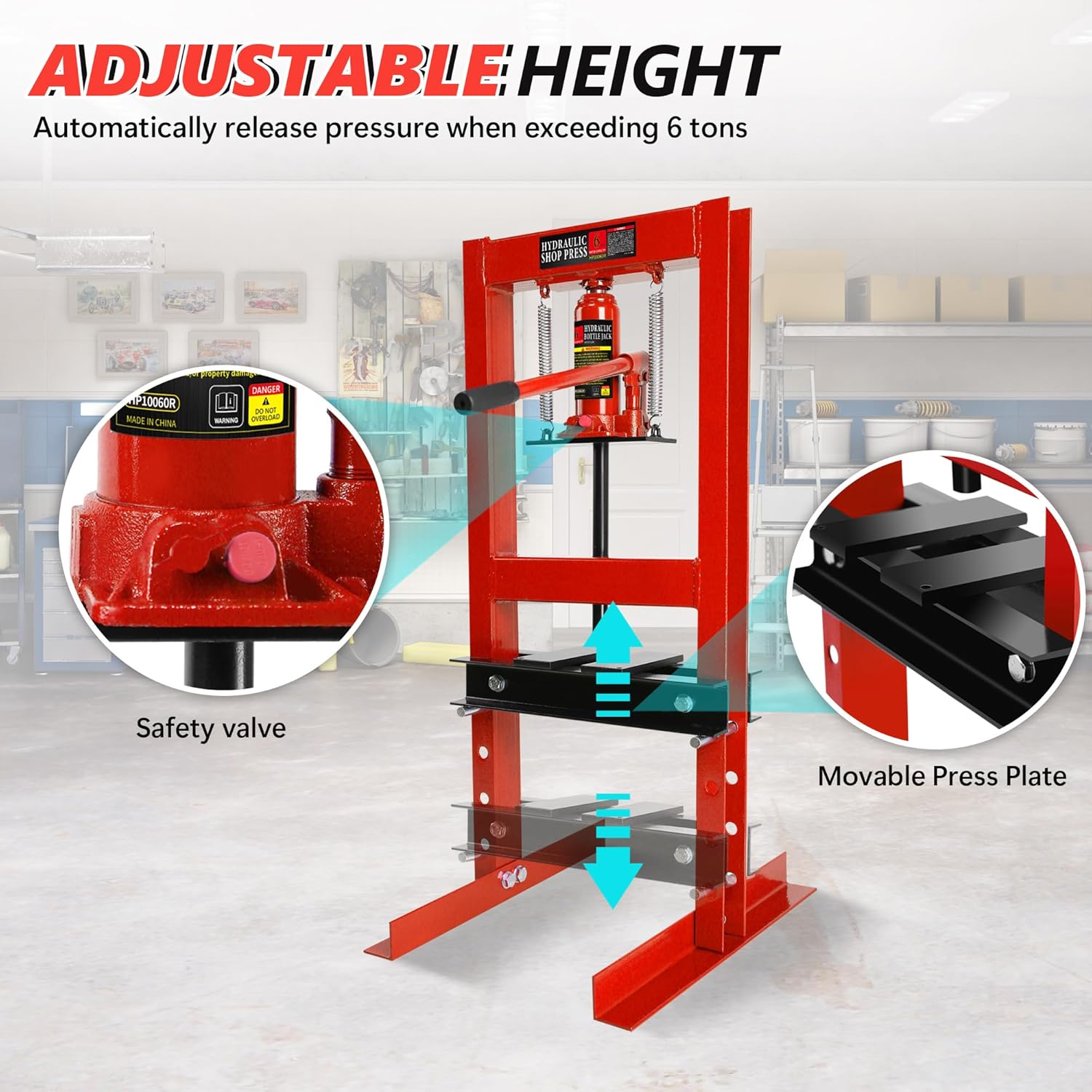 Garvee Hydraulic Shop Press 6 Ton HFrame Garage Floor Adjustable Shop ...