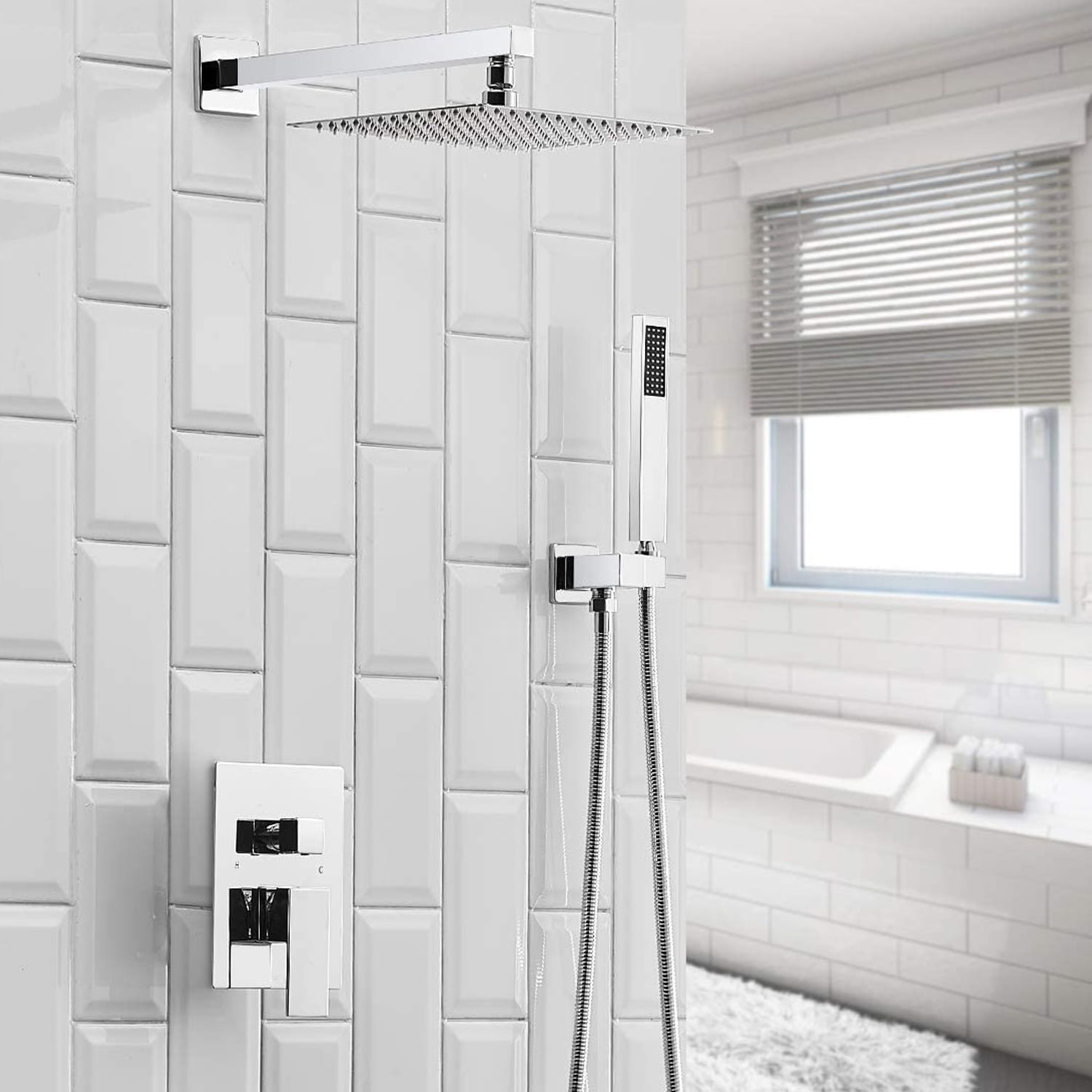 BWE Shower Faucet Polished Chrome 1-handle Multi-function Square Shower ...