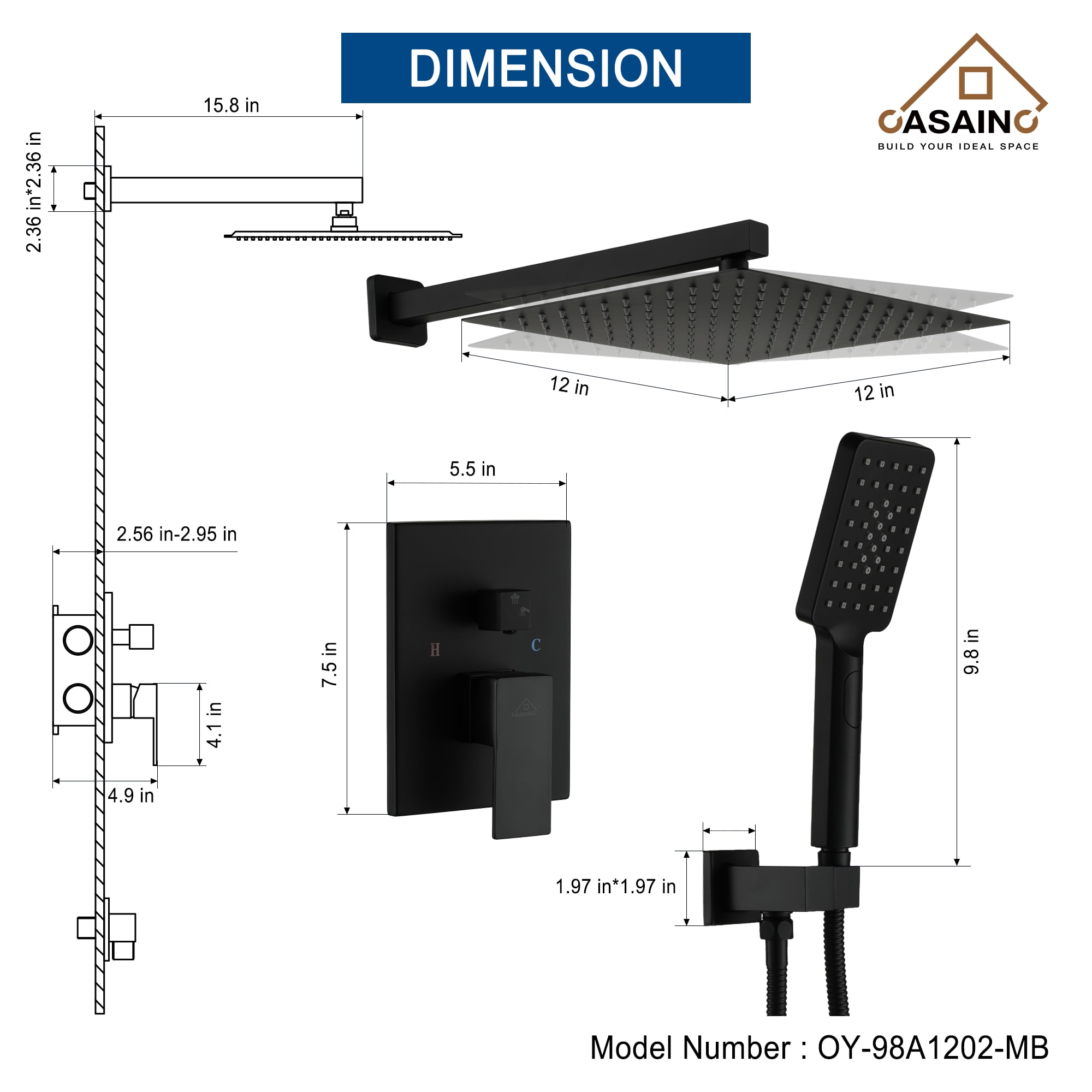 CASAINC OY-98A1202-MB Showerhead-Bar-Panels - View #5