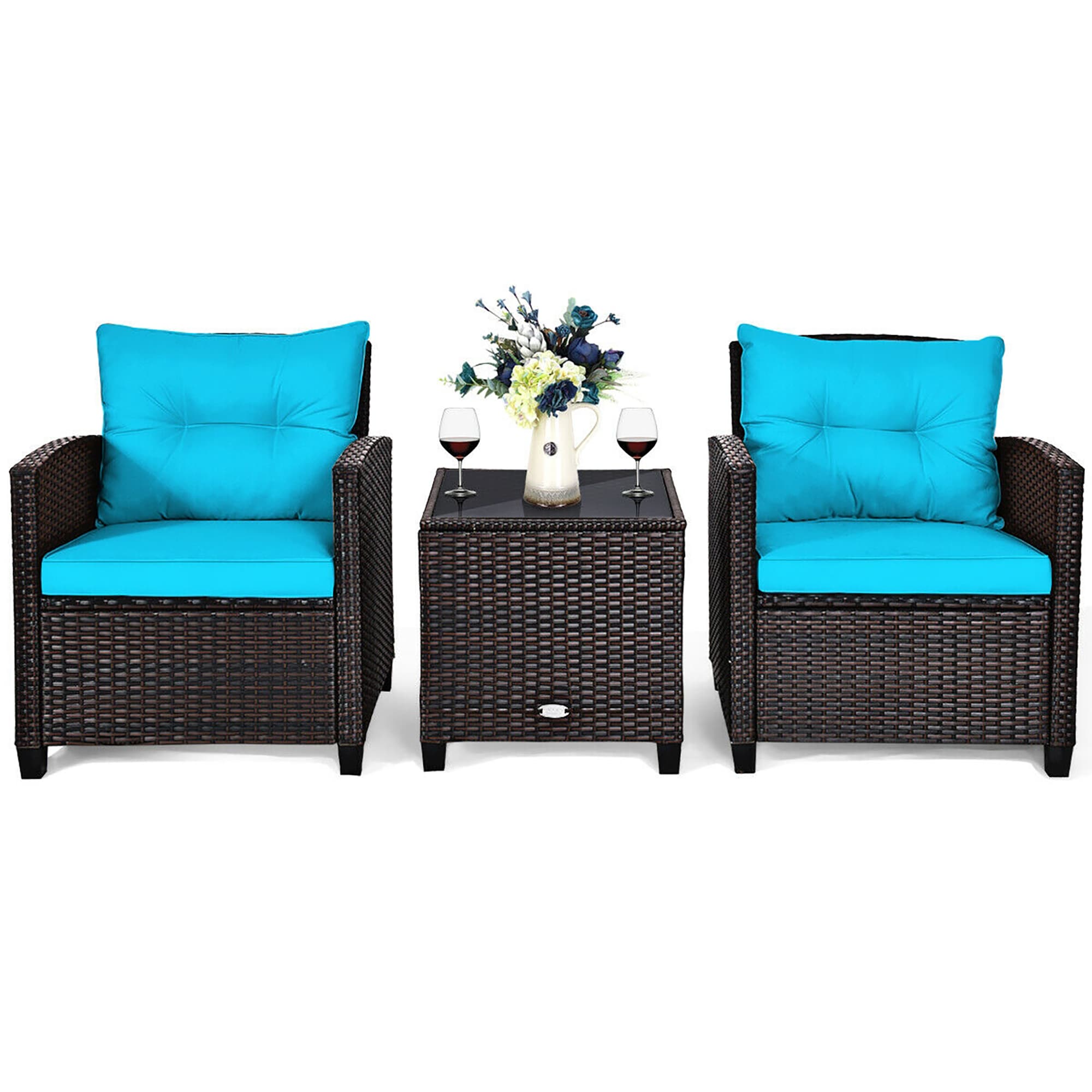 Forclover ALSM-C01LB 3 -Piece Rattan Patio Conversation Set with Blue Cushions