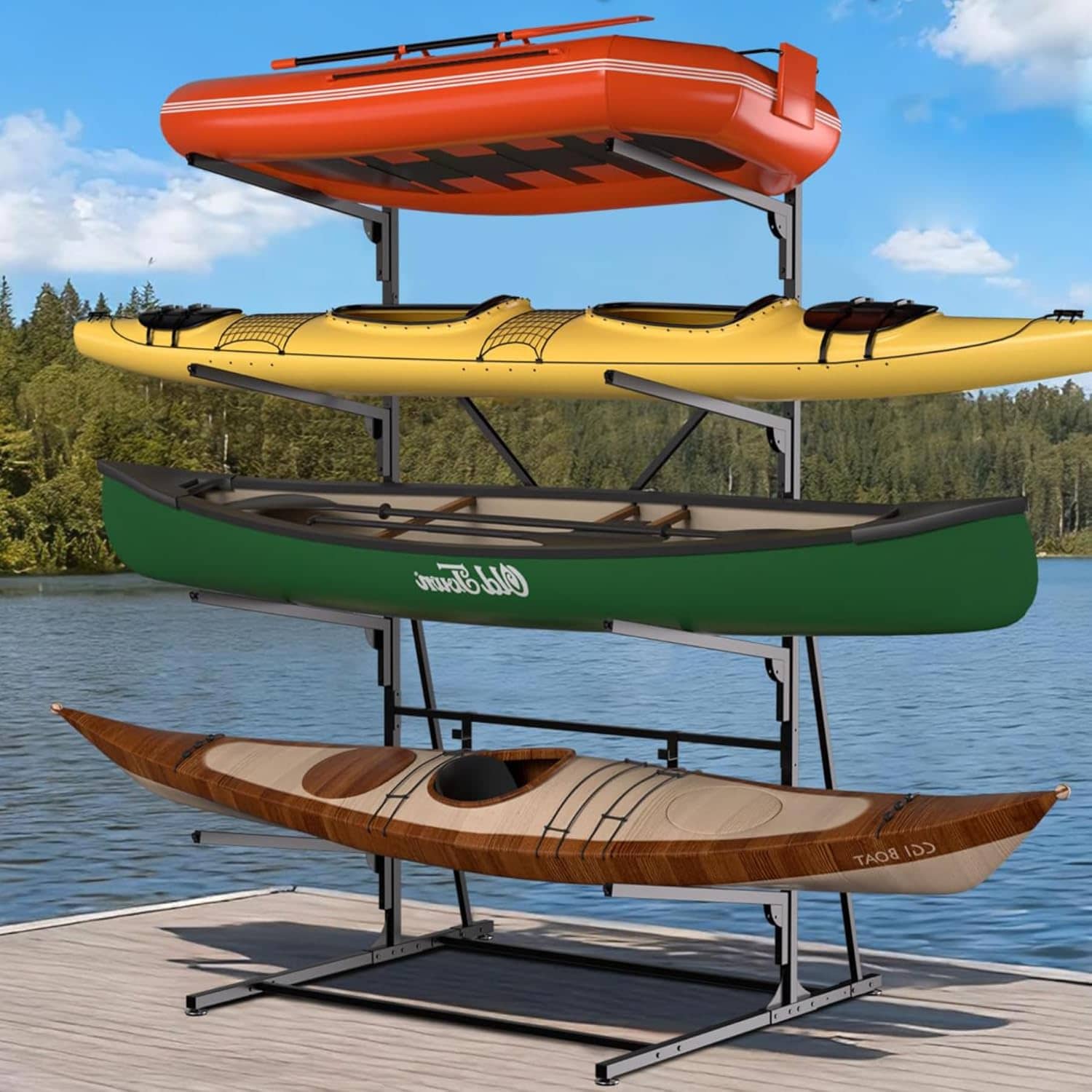 GAOMON 4 Tier Freestanding Kayak Rack - Adjustable Heavy Duty Metal Storage Stand for Kayaks Canoes Paddle Boards Surfboards and Skis