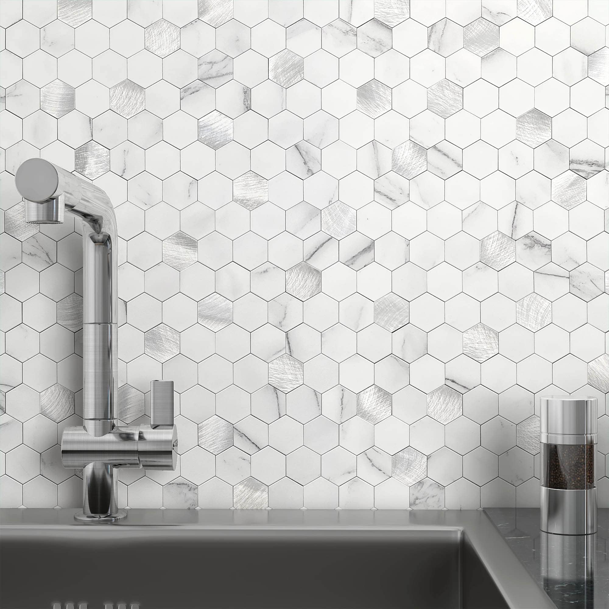 Phewnyzo  Hexagon Peel and Stick Backsplash Tiles Kitchen Self Adhesive Metal and Marble Honeycomb Wall Tiles Sticker Mosaic Heat Resistant White