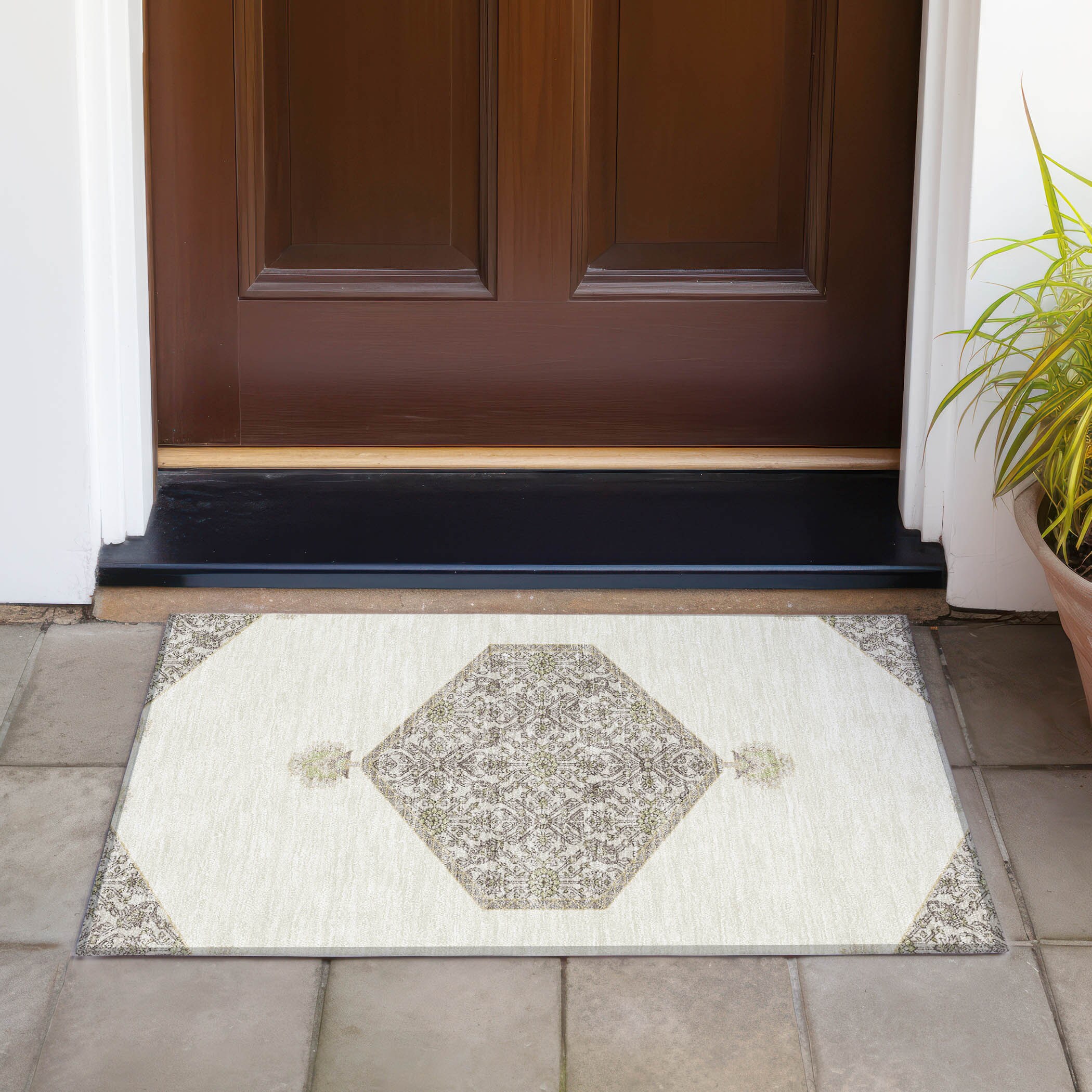 Ivory and Gray Synthetic Flat Woven Washable Rug
