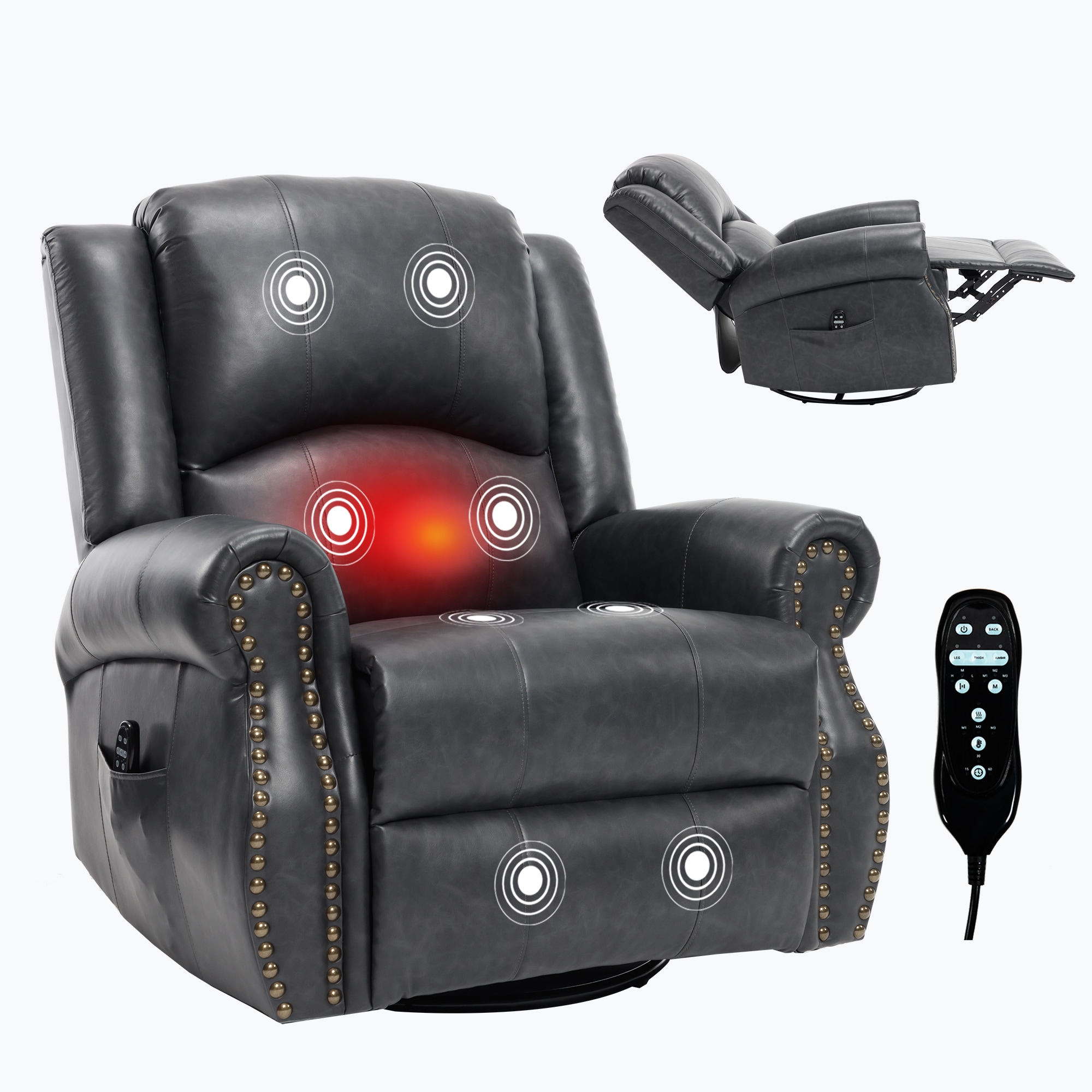 Elite Gourmet - Grey Faux Leather Fabric Massage Heat Rocker Swivel Manual Recliner Chair