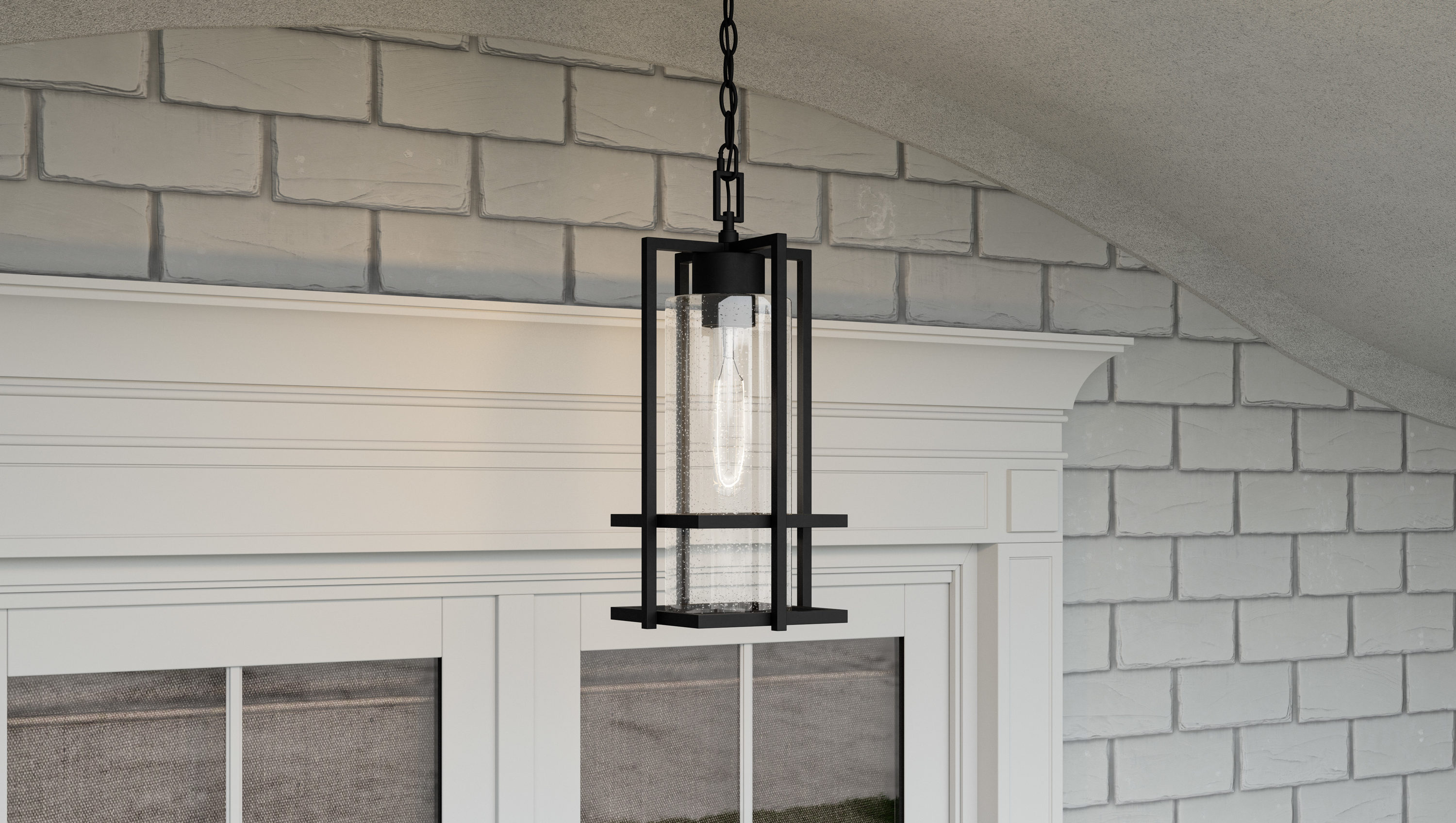 Quoizel Damien Earth Black Transitional Seeded Glass Lantern Medium Outdoor Hanging Pendant