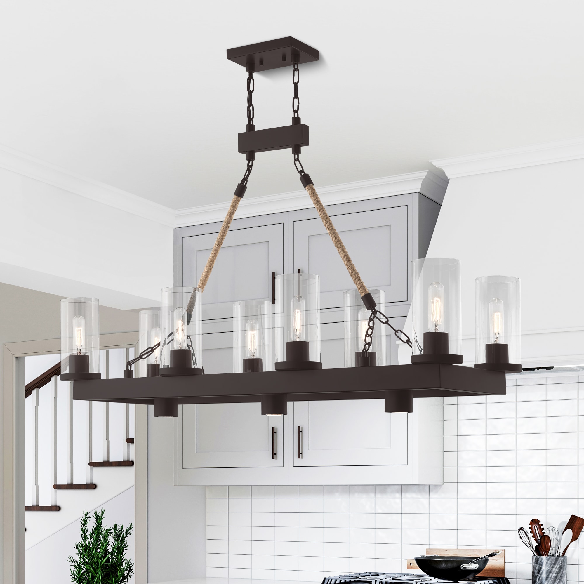 Metuchen Bronze Linear Chandelier with Clear Glass and Rope Detail, 11-Light