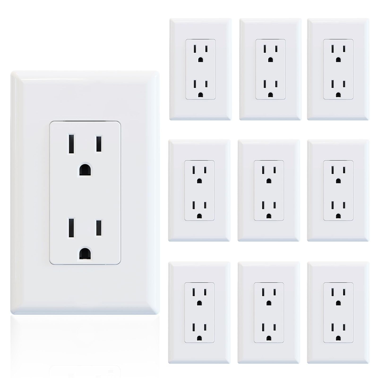 AOIZGMY  10 Pack 15A 125V Standard Electrical Wall Outlet Non Tamper Resistant 2 Pole 3 Wire Self Grounding Screwless Wall Plate Glossy White