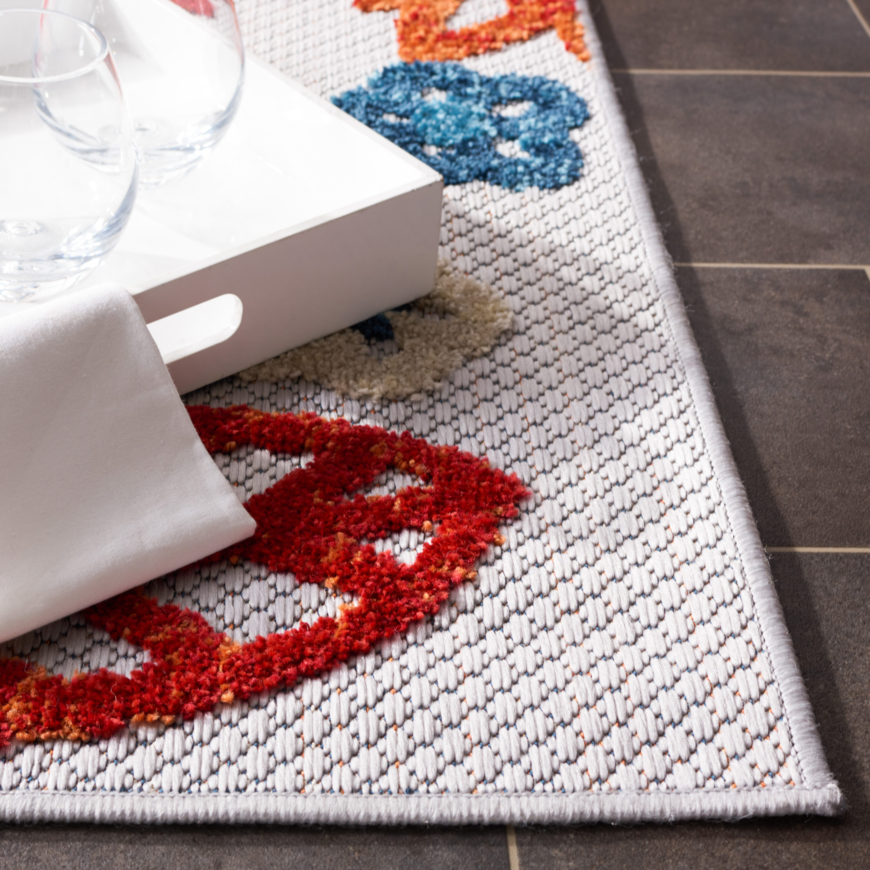 Playful Floral Red & Cream 2' X 8' Synthetic Outdoor Runner Rug