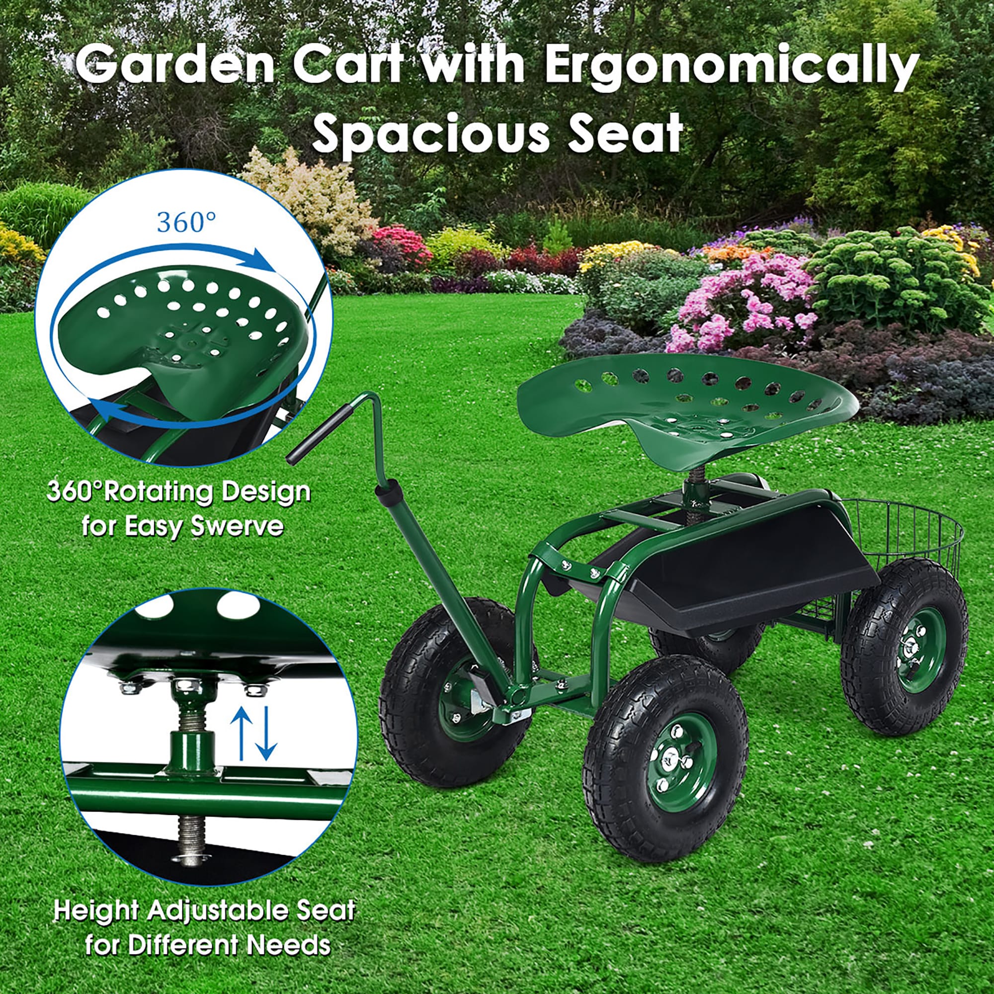Goplus Green Garden Cart Rolling Work Seat with Extendable 