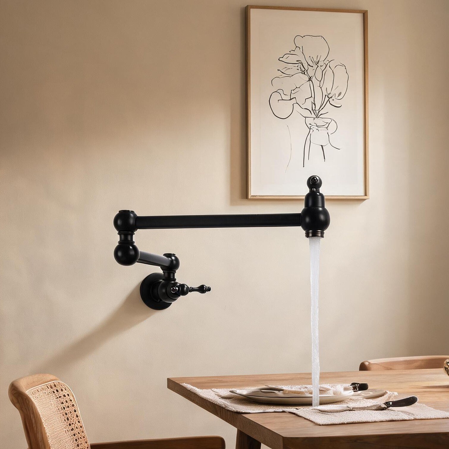 Naturefalls Wall-Mount Pot Filler Kitchen Faucet with Brass Construction Sleek Black Finish and Swivel Spout