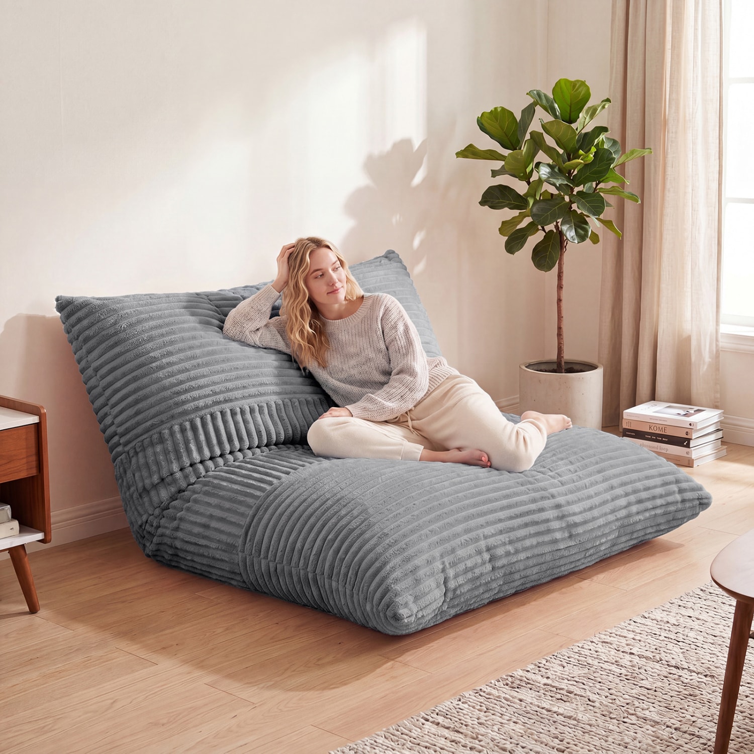 Volenca 3-in-1 Corduroy Bean Bag Chair Bed and Sofa with Zippered Cover - 73-in Convertible Lounger