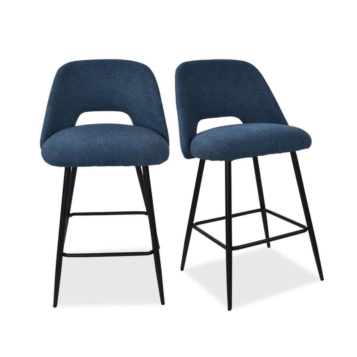 Maison Boucle EDWIN-MIDBAR-BE Set of 2 Blue Upholstered Counter Stools with Backrest and Black Metal Legs for Modern Kitchen