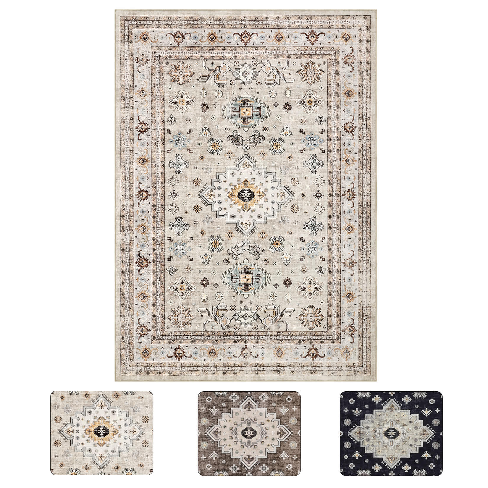 Qeetex LSN-PHO-33RNEN8R 10 x 13 ft Polyester Cashmere Beige Rectangular Hallway Bathroom Entryway Kitchen Office Foldable Flower Printed Persian Washable Area Rug