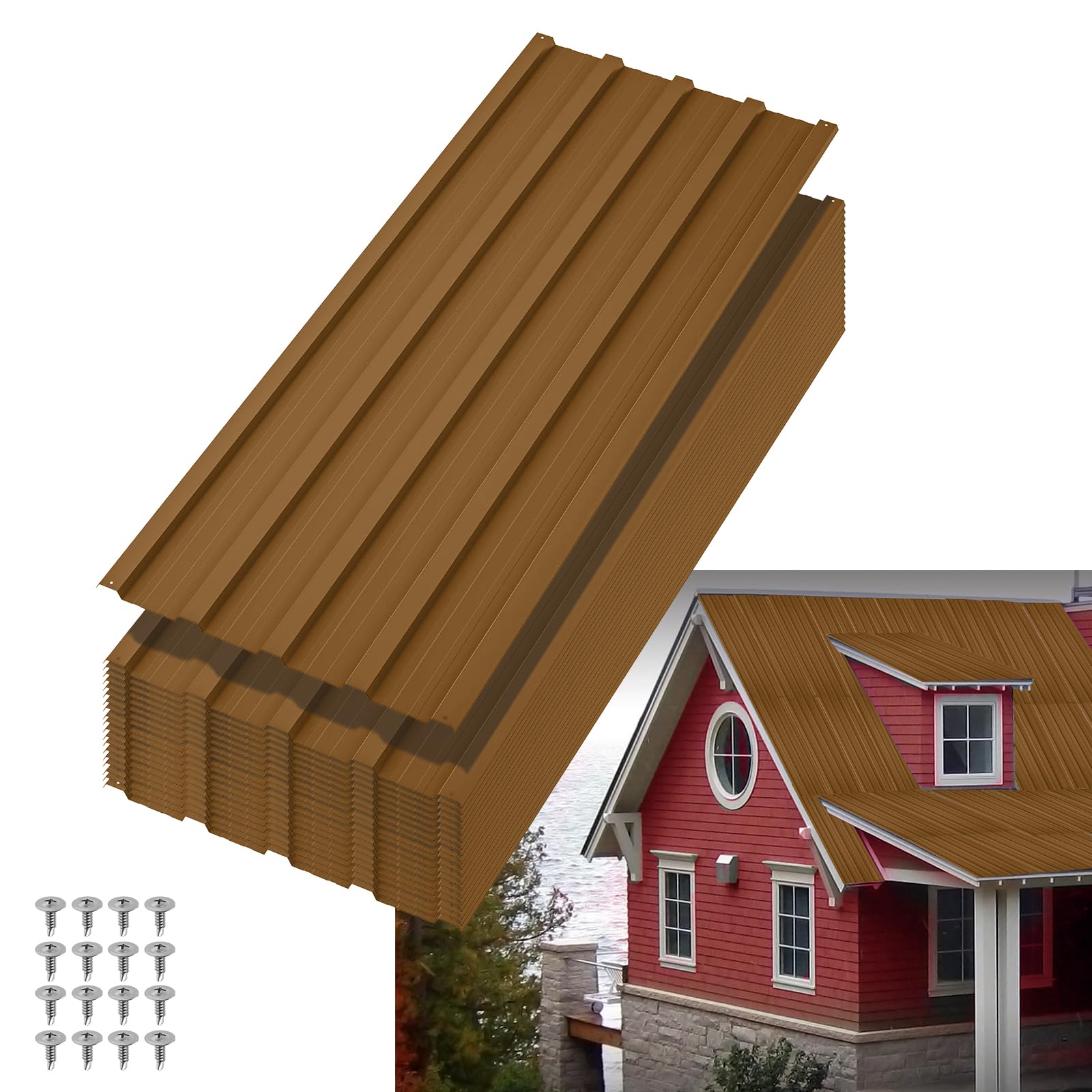 IdealHouse 3.54ft Heavy Duty Corrugated Metal Roofing Panels - Galvanized Steel Waterproof Weather Resistant - Easy to Install - Ideal for Carport Garage Outbuilding Warehouse Porch Pergola Patio - Brown - 20pcs