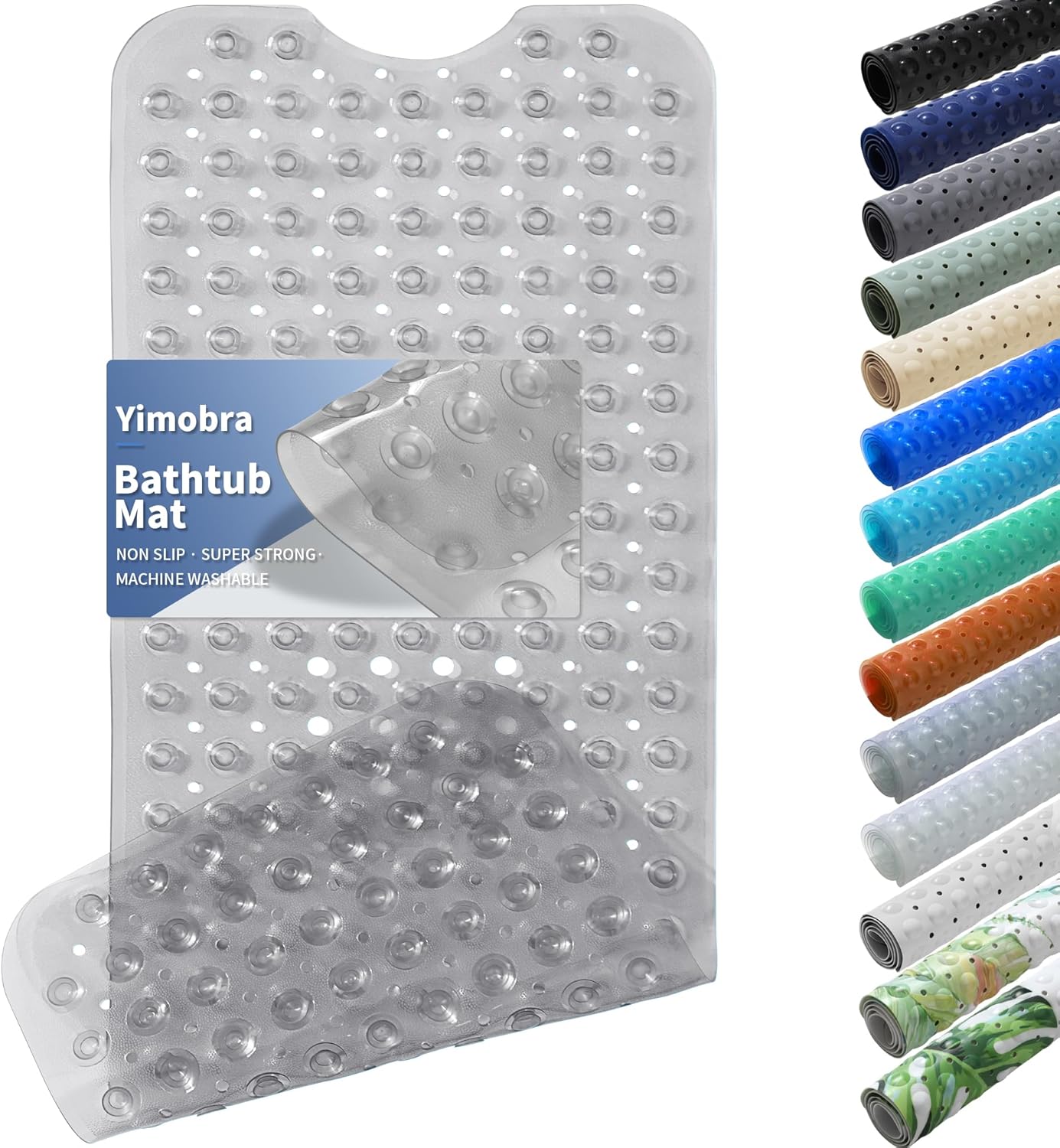 Yimobra Non Slip Bathtub Mat 40x16 Inch Super Strong Suction Cups Extra Long with Drain Holes Machine Washable Fast Draining Clear Grey