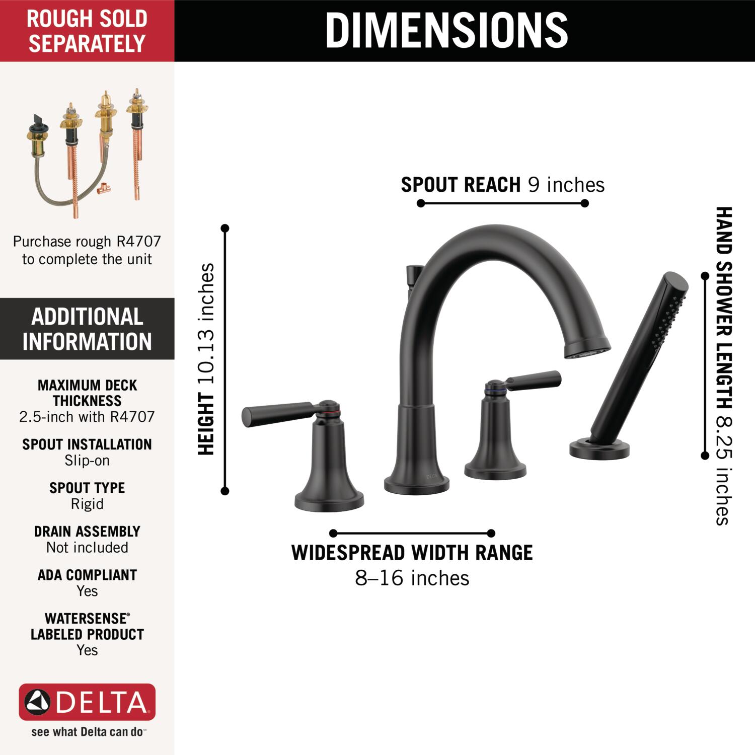 Delta Saylor Matte Black 2handle Deckmount Roman Lowarc Bathtub Faucet with Hand Shower in