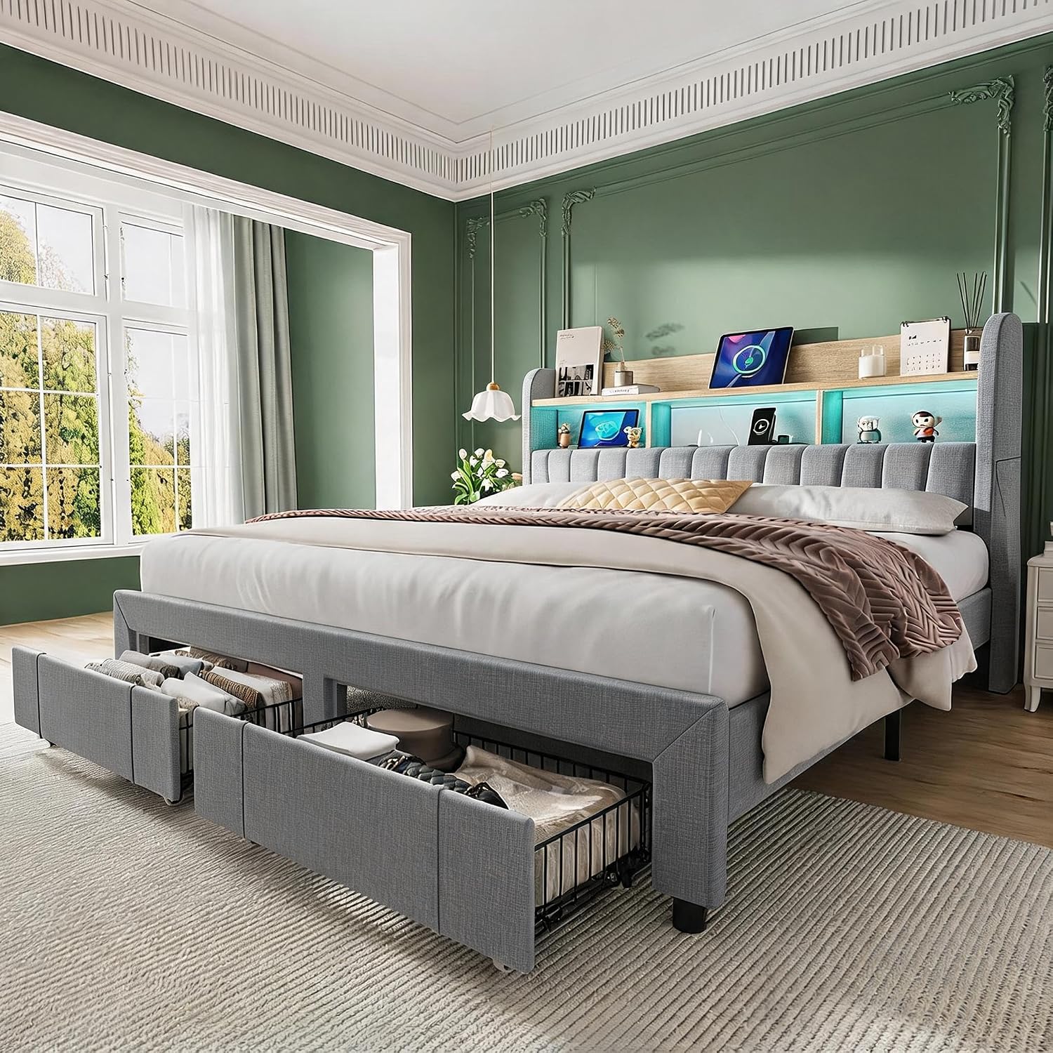 GAOMON Full Size Upholstered Bed Frame with 2 Drawers and LED Lights Platform Bed Frame with Charging Station and Storage Headboard Heavy Duty No Box Spring Needed Easy Assembly Grey