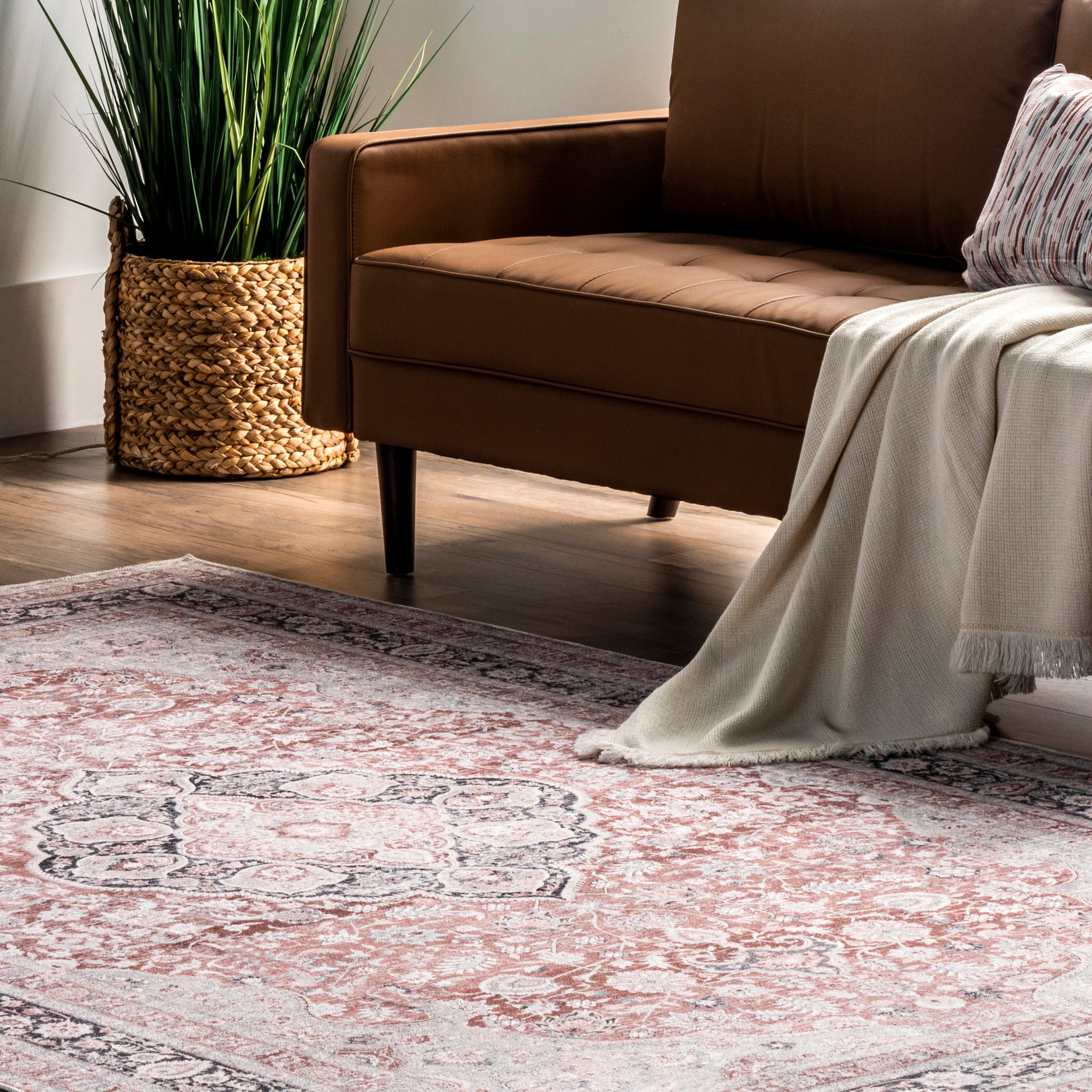Red and Beige Synthetic 4' x 6' Washable Rectangular Area Rug