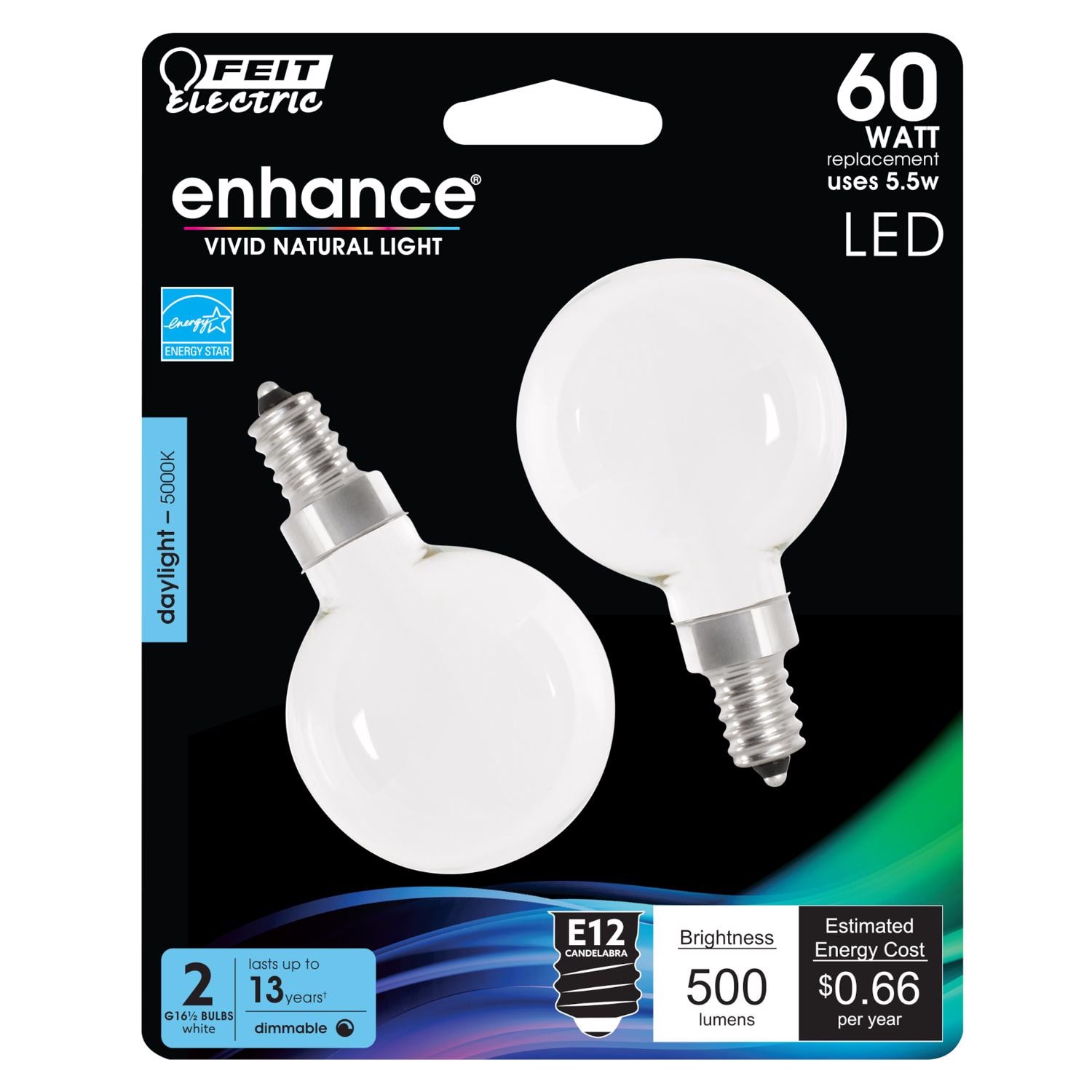 Feit Electric EJD3911641 Enhance G16.5 E12 Candelabra Filament LED Bulb Daylight 60 Watt Equivalence 2 pk