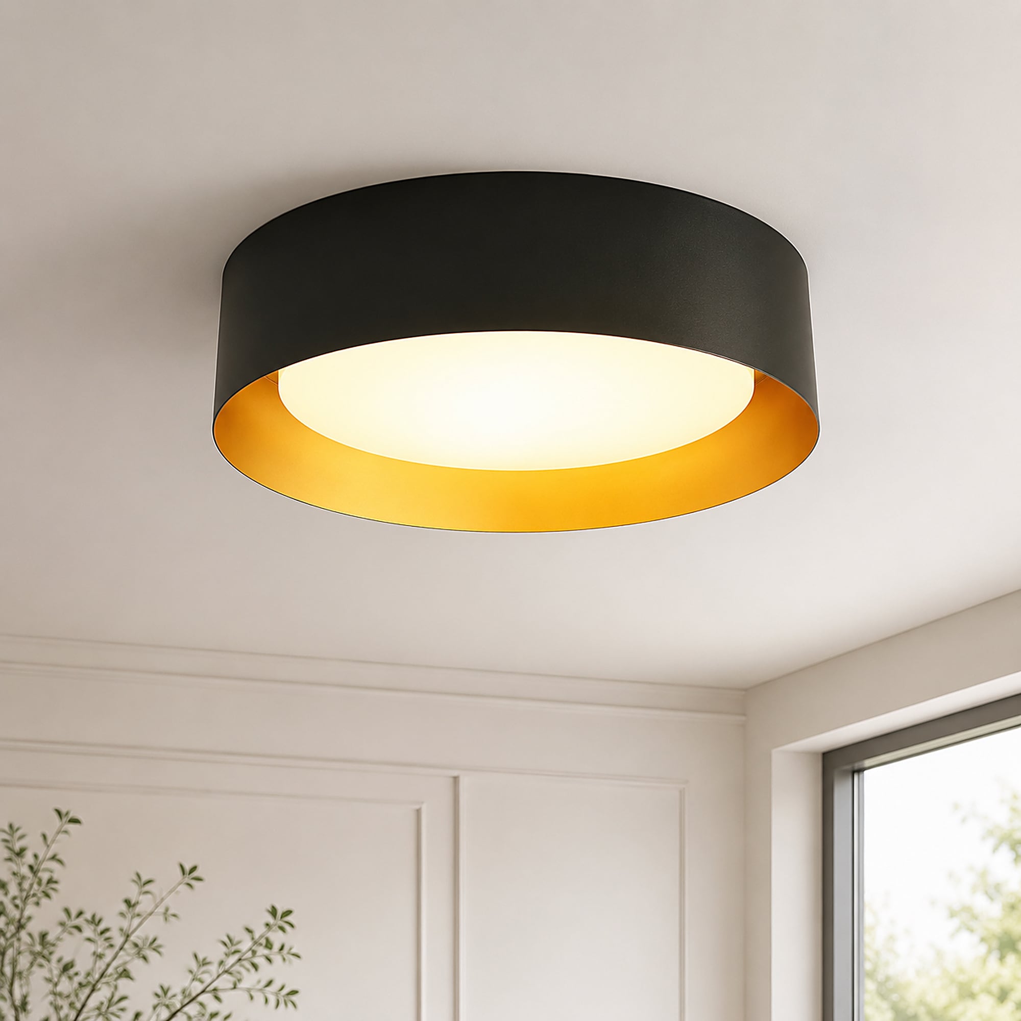 LNC Orbit 1 -Light 12.9-in W Matte Black and Gold Damp Location Integrated LED Flush Mount Light with 5CCT